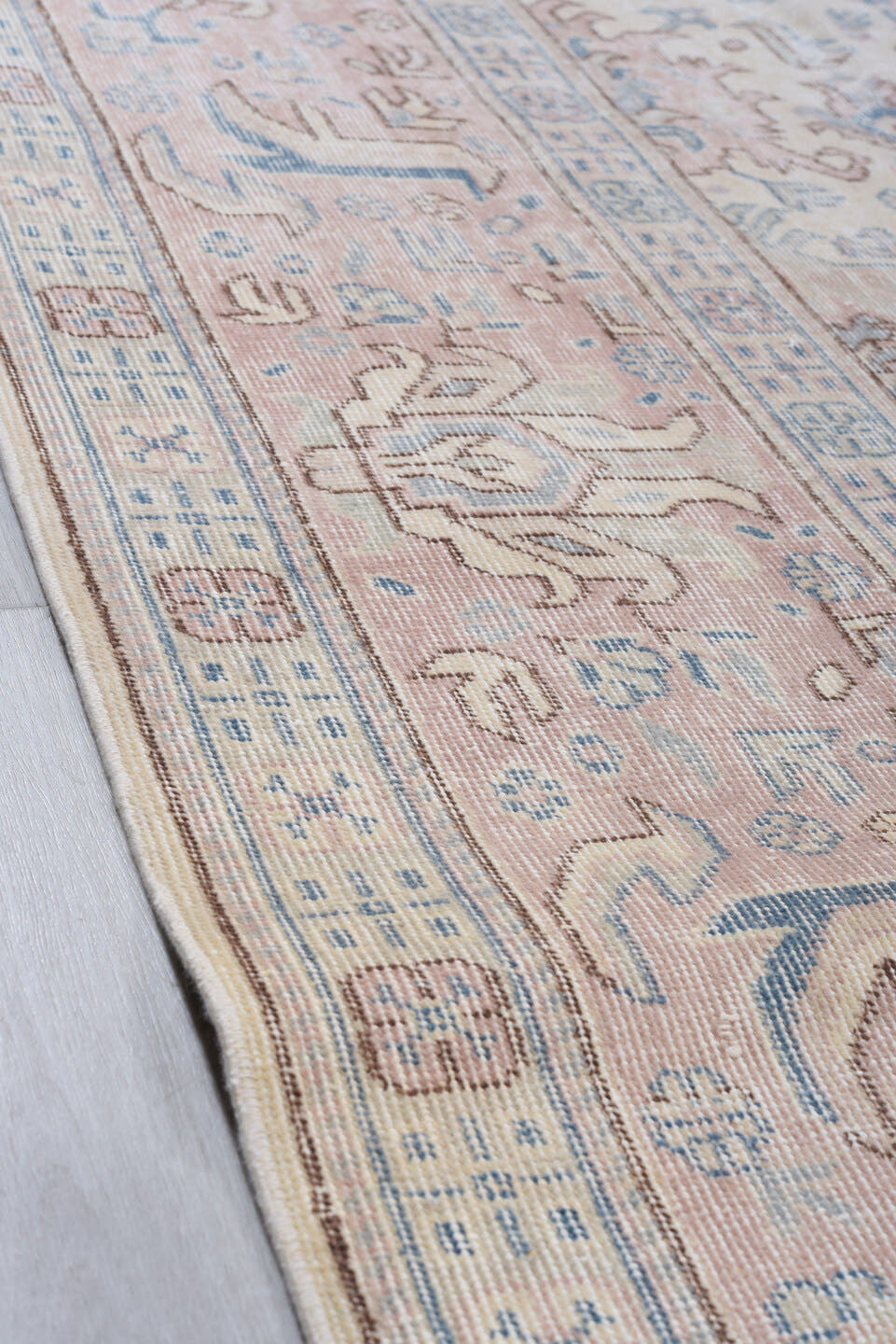 8' x 12' one-of-a-kind handmade vintage Sparta large size rug. Color palette: ivory, blush, pale blue, taupe, beige