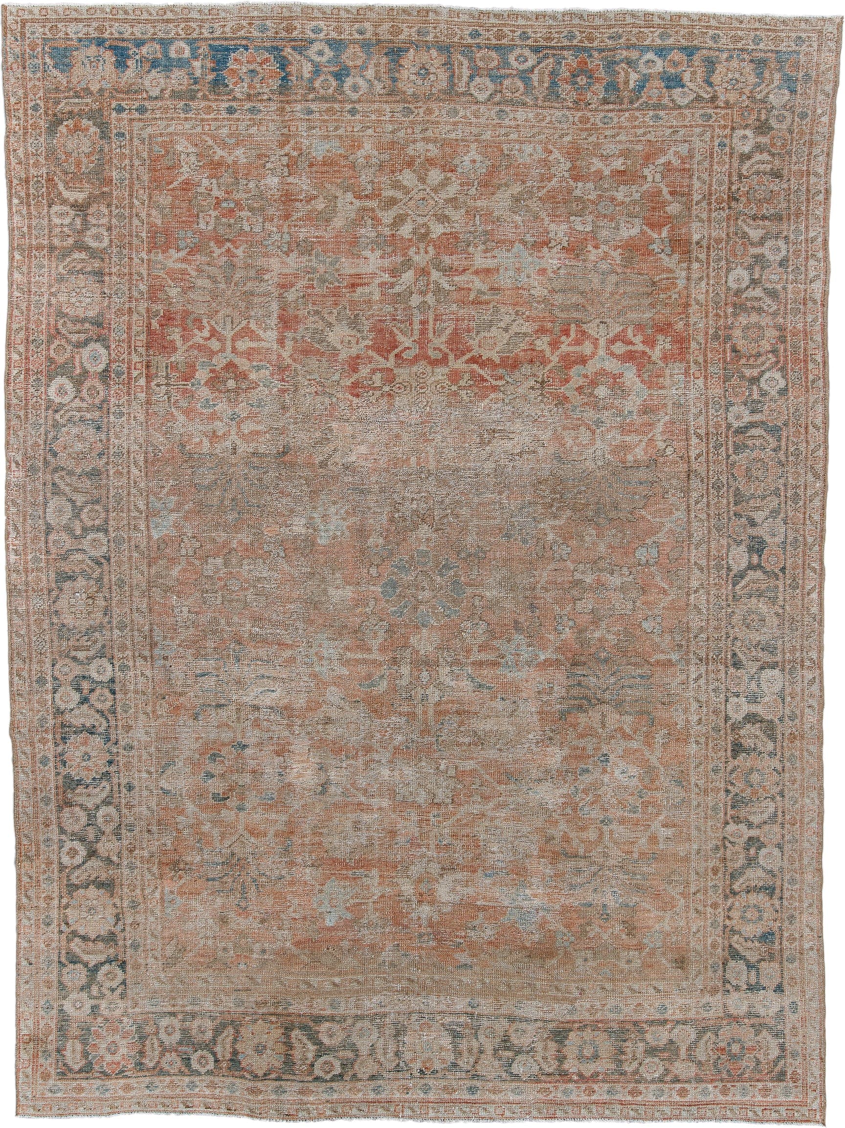 7' x 10' one-of-a-kind handmade antique Mahal large size rug. Color palette: terra cotta, taupe, ivory, slate, faded blue