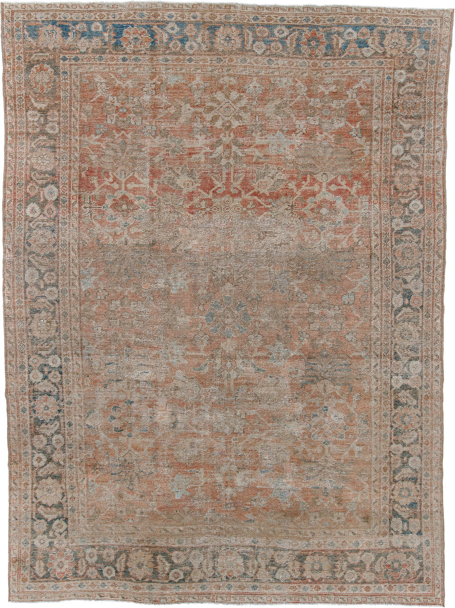 7' x 10' one-of-a-kind handmade antique Mahal large size rug. Color palette: terra cotta, taupe, ivory, slate, faded blue