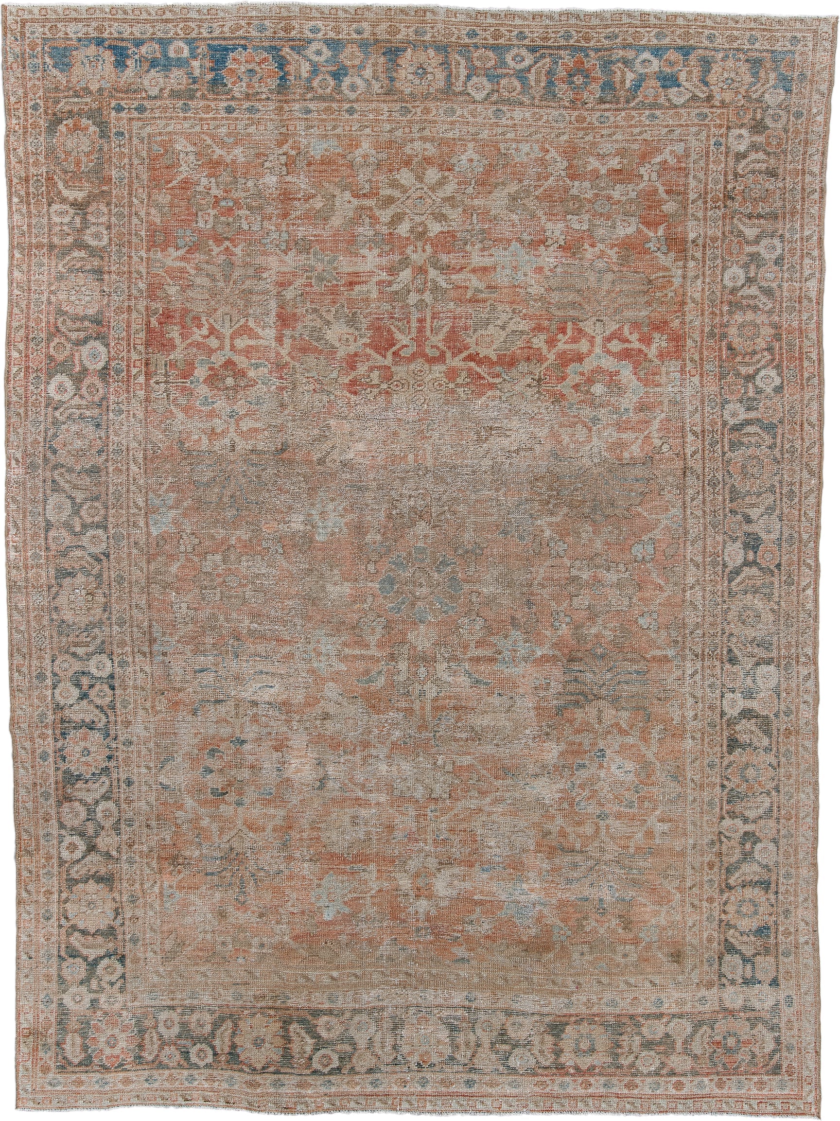 7' x 10' one-of-a-kind handmade antique Mahal large size rug. Color palette: terra cotta, taupe, ivory, slate, faded blue