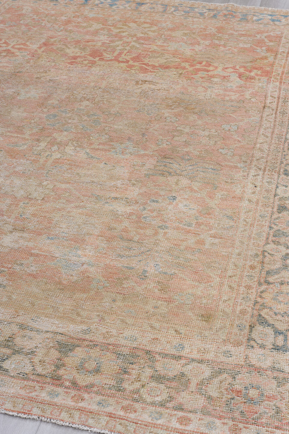 7' x 10' one-of-a-kind handmade antique Mahal large size rug. Color palette: terra cotta, taupe, ivory, slate, faded blue