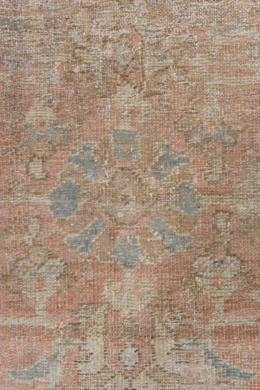 7' x 10' one-of-a-kind handmade antique Mahal large size rug. Color palette: terra cotta, taupe, ivory, slate, faded blue