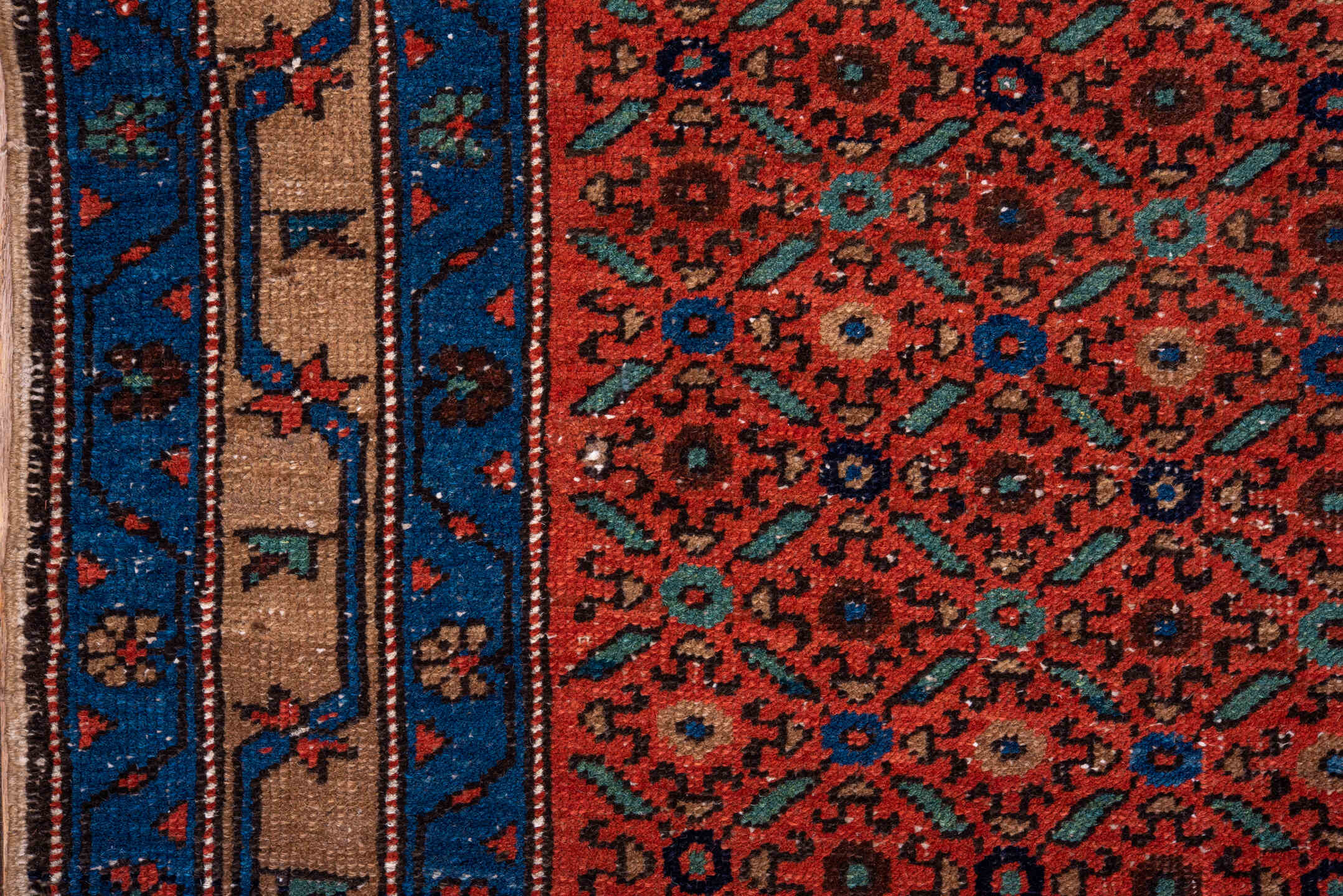 2' x 17' one-of-a-kind handmade vintage Heriz runner rug. Color palette: blue, brown, gray, off-white, pink, snow, white