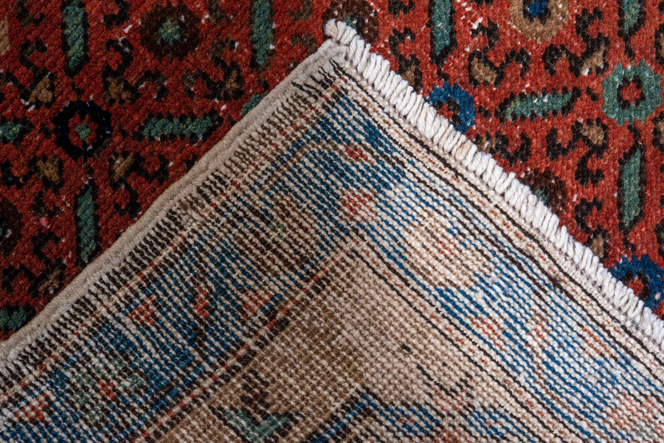 2' x 17' one-of-a-kind handmade vintage Heriz runner rug. Color palette: blue, brown, gray, off-white, pink, snow, white