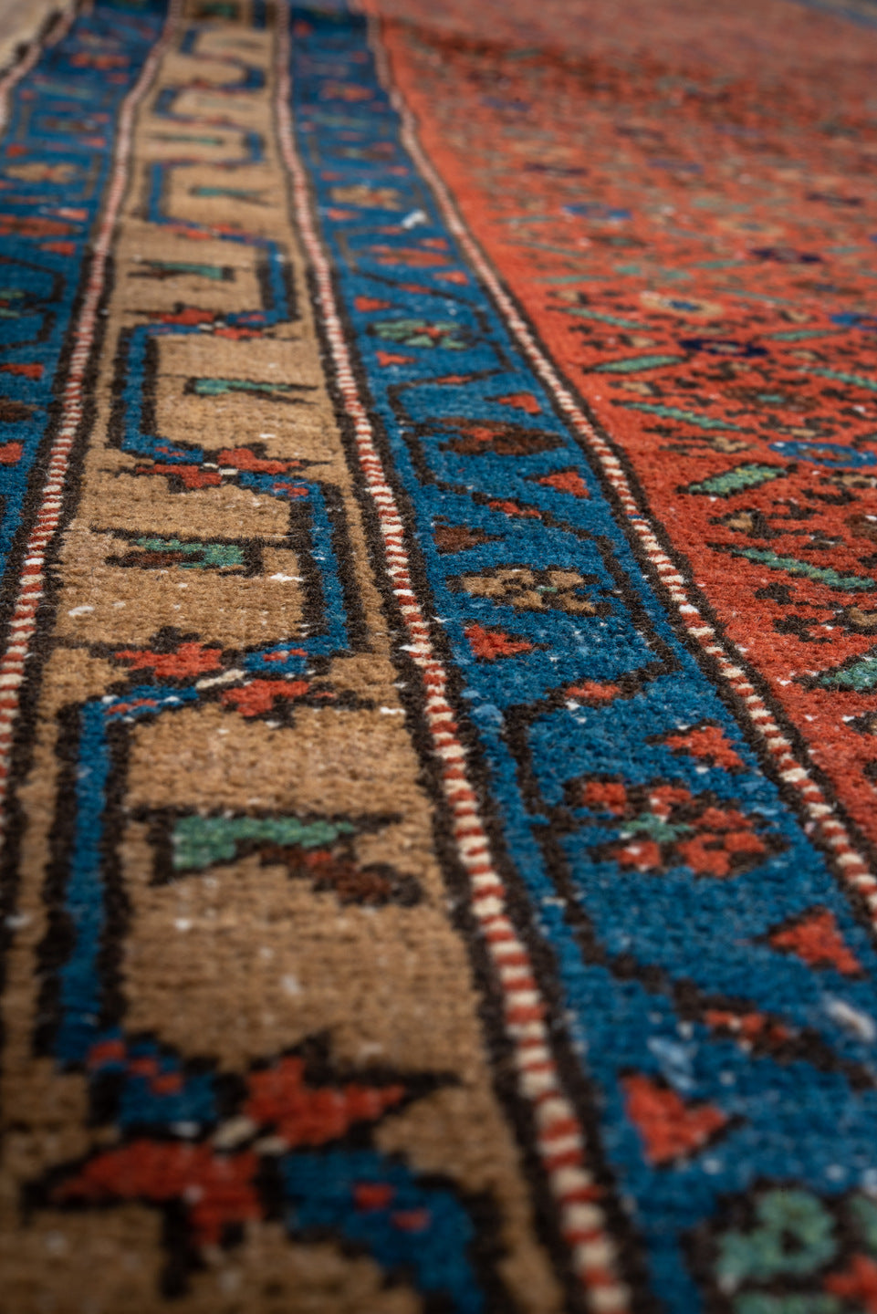 2' x 17' one-of-a-kind handmade vintage Heriz runner rug. Color palette: blue, brown, gray, off-white, pink, snow, white