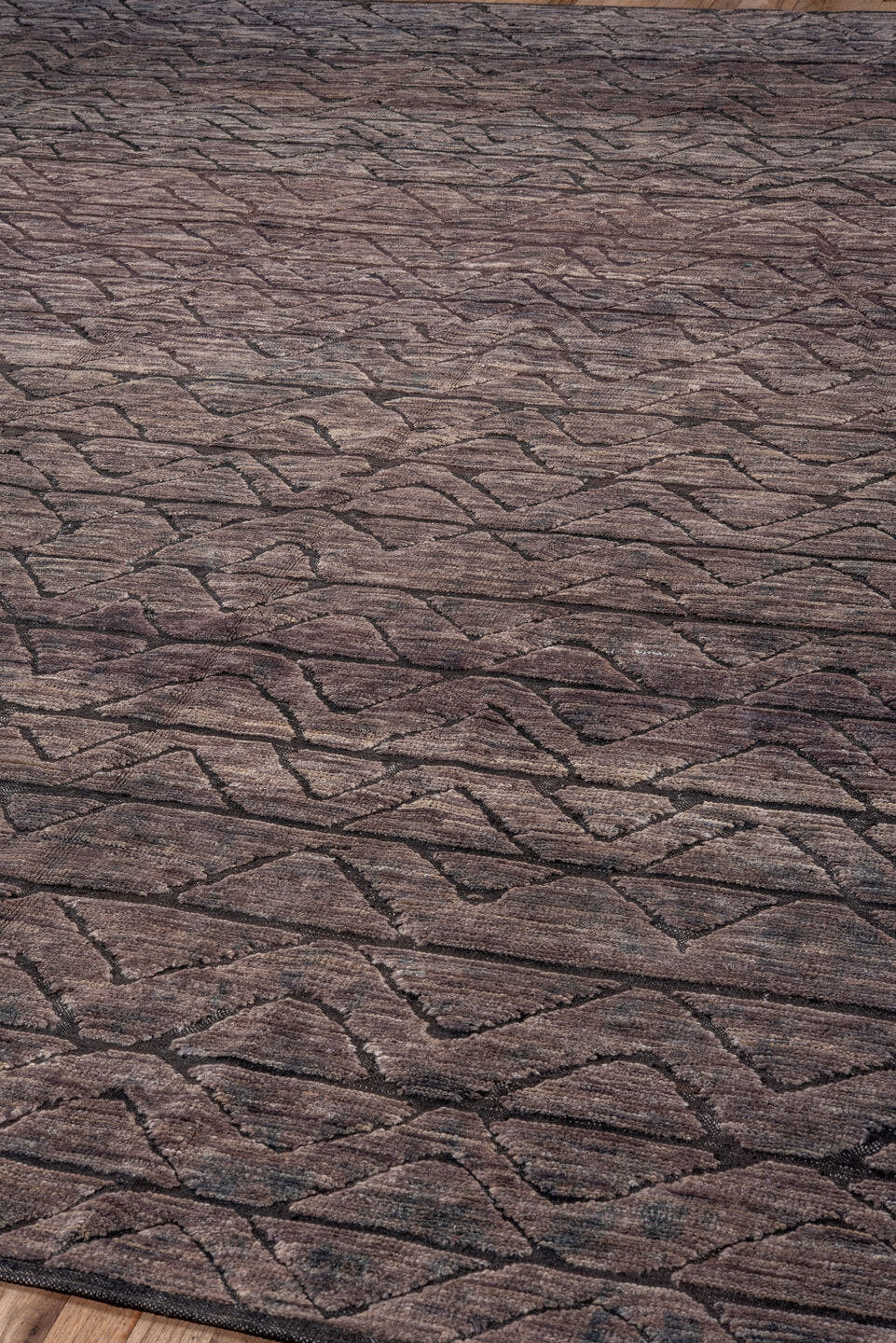 9' x 11' one-of-a-kind handmade vintage Tulu large size rug. Color palette: taupe, charcoal, slate, mauve, brown, beige