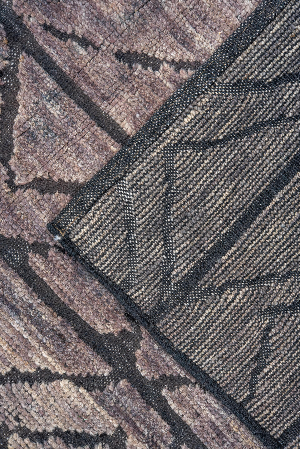 9' x 11' one-of-a-kind handmade vintage Tulu large size rug. Color palette: taupe, charcoal, slate, mauve, brown, beige