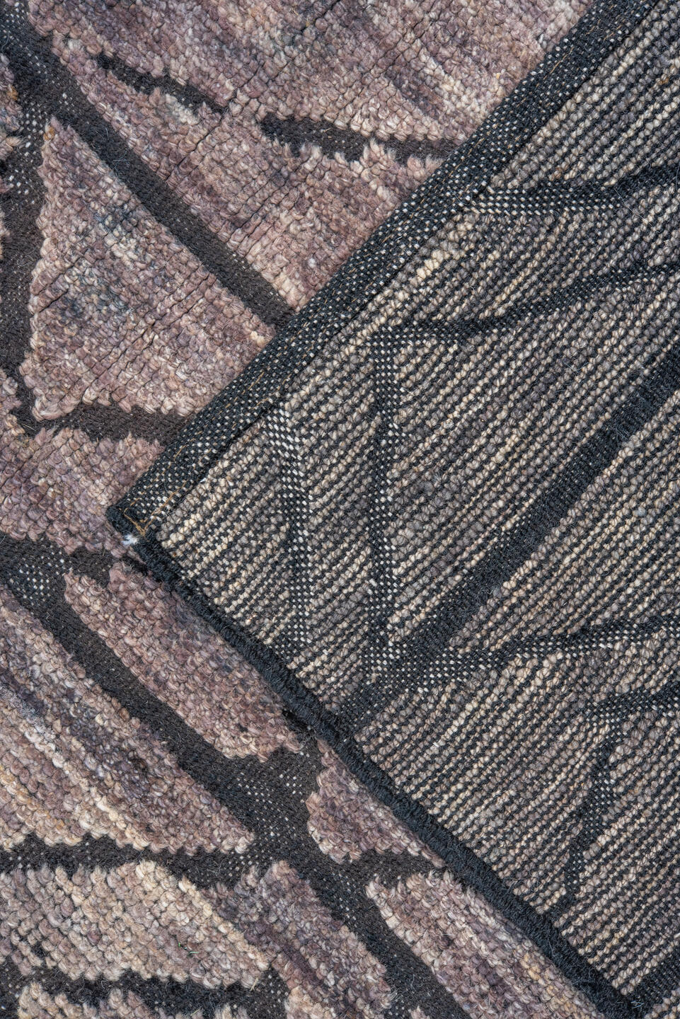 9' x 11' one-of-a-kind handmade vintage Tulu large size rug. Color palette: taupe, charcoal, slate, mauve, brown, beige