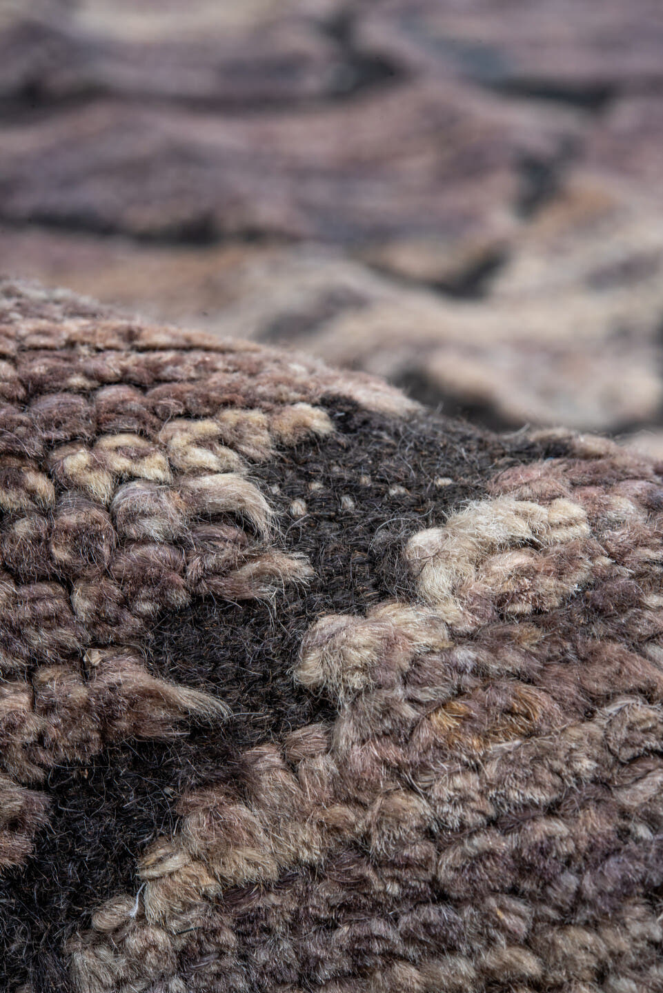 9' x 11' one-of-a-kind handmade vintage Tulu large size rug. Color palette: taupe, charcoal, slate, mauve, brown, beige
