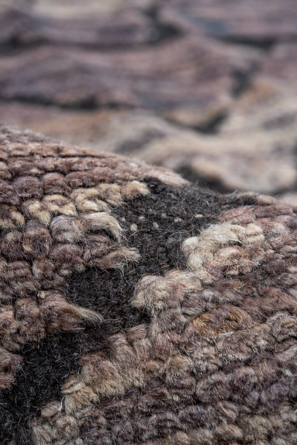 9' x 11' one-of-a-kind handmade vintage Tulu large size rug. Color palette: taupe, charcoal, slate, mauve, brown, beige