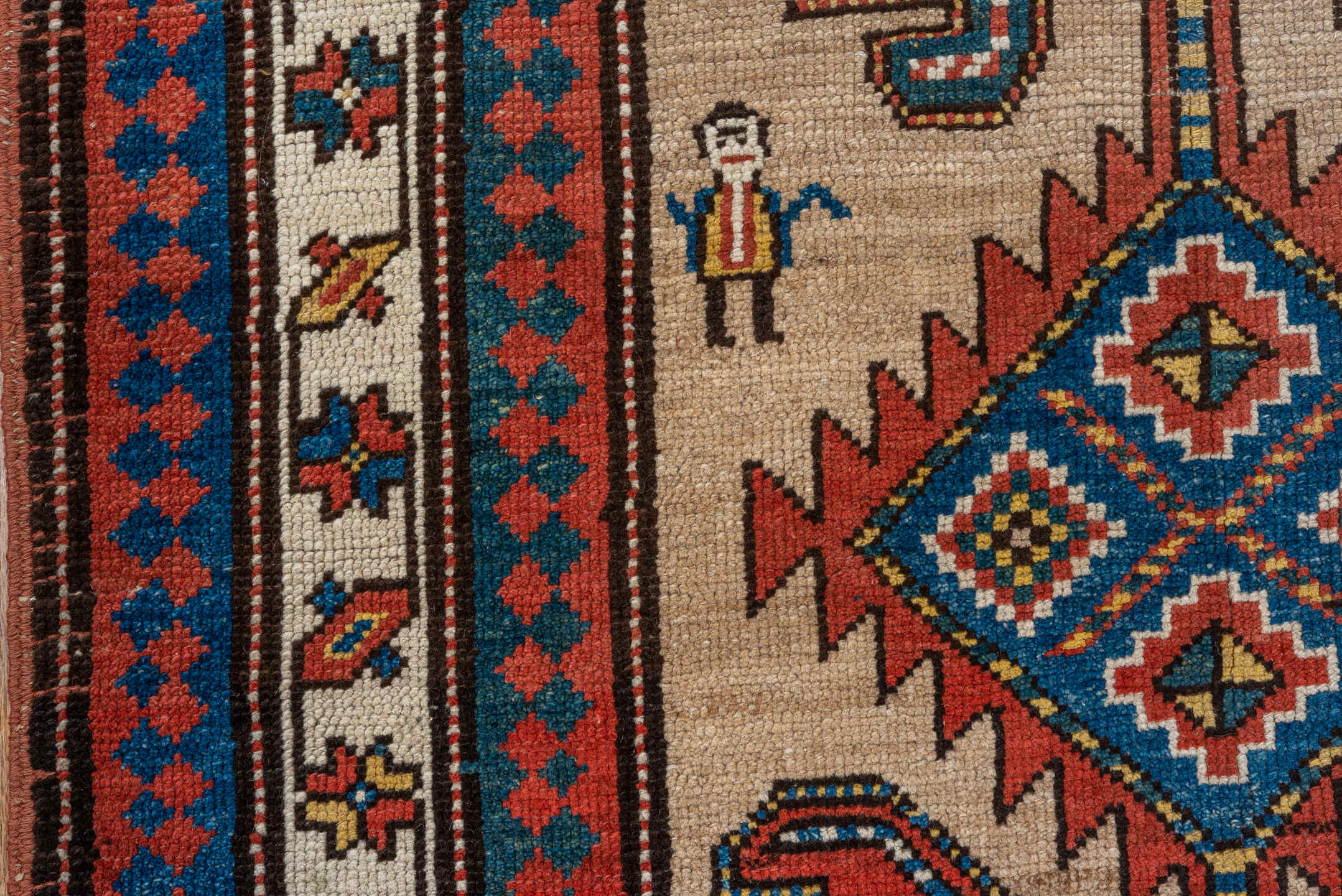 3' x 9' one-of-a-kind handmade antique Sarab runner rug. Color palette: ivory, rust, indigo, blue, brick, gold, charcoal