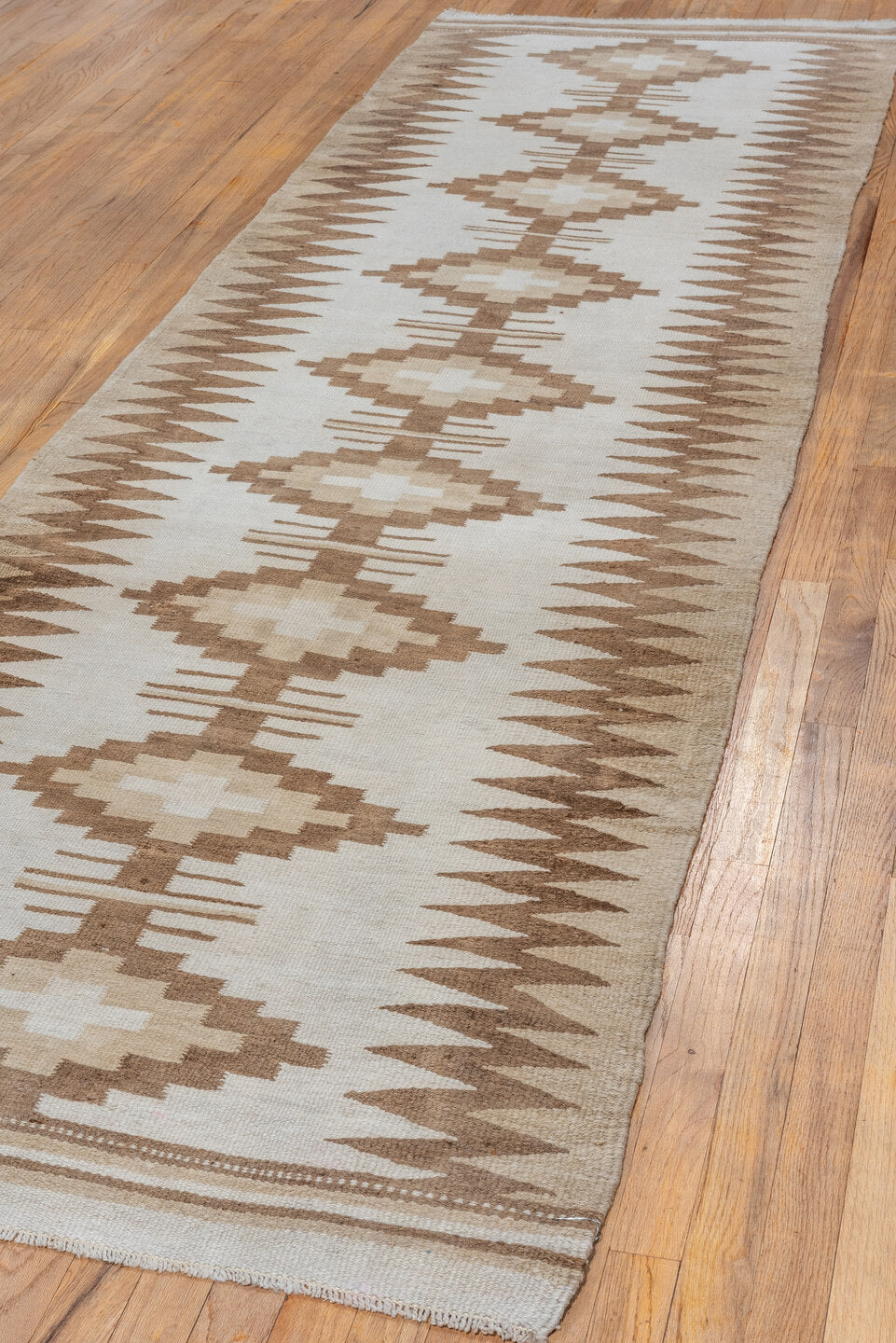 2' x 10' one-of-a-kind handmade vintage Kilim runner rug. Color palette: brown, gray, light gray, off-white, pink, silver