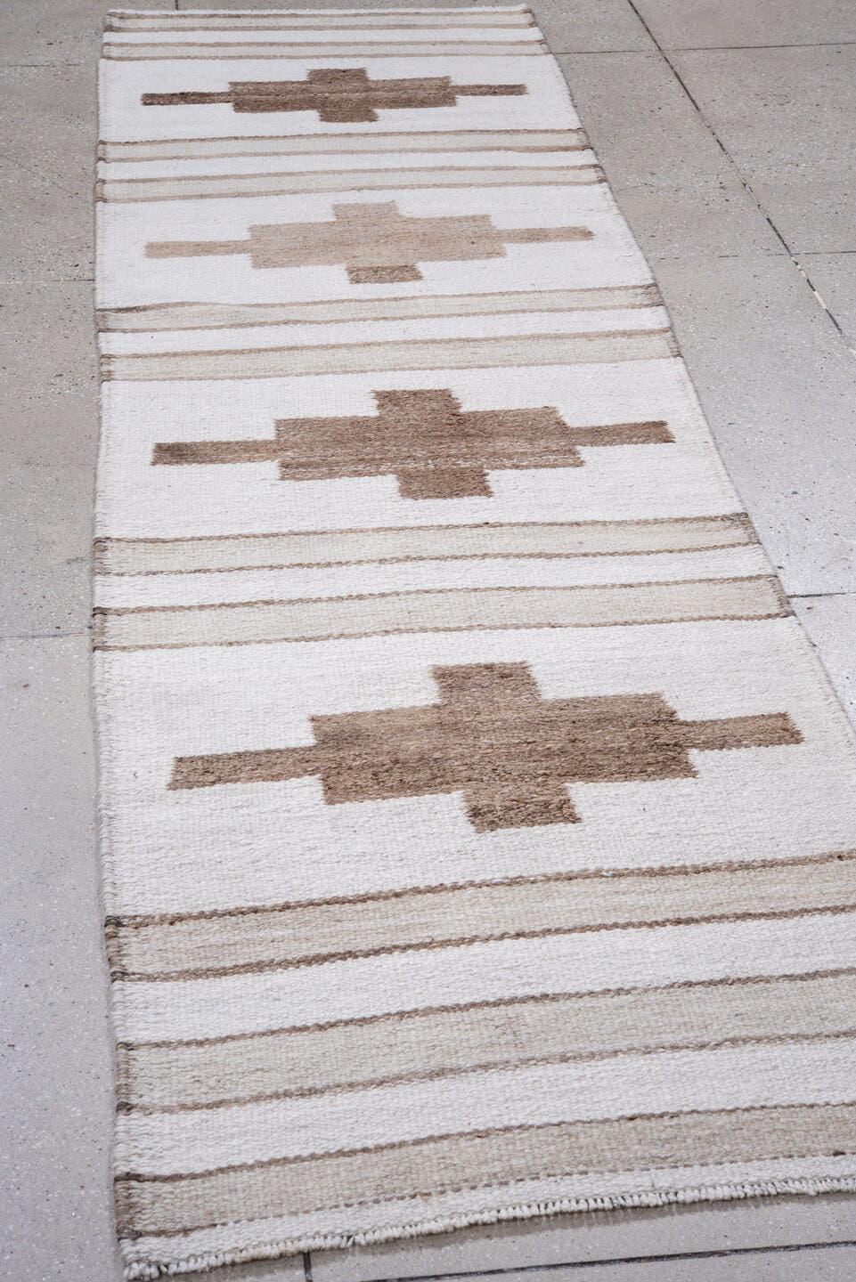 2' x 10' one-of-a-kind handmade antique Kilim runner rug. Color palette: ivory, taupe, camel, brown, beige, gray