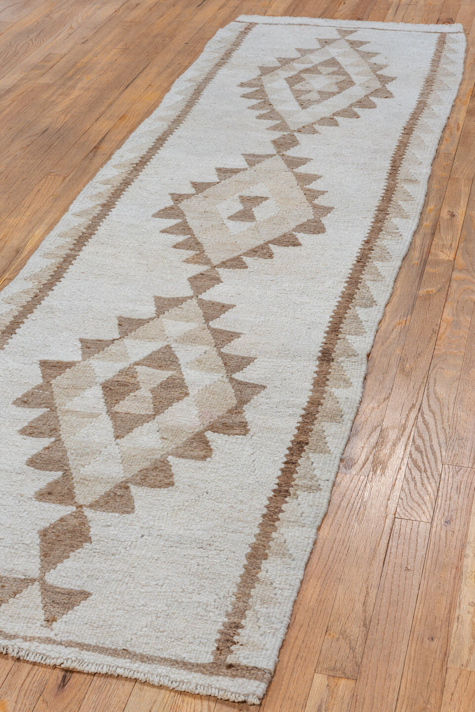 2' x 9' one-of-a-kind handmade antique Kilim runner rug. Color palette: ivory, taupe, beige, camel, gray