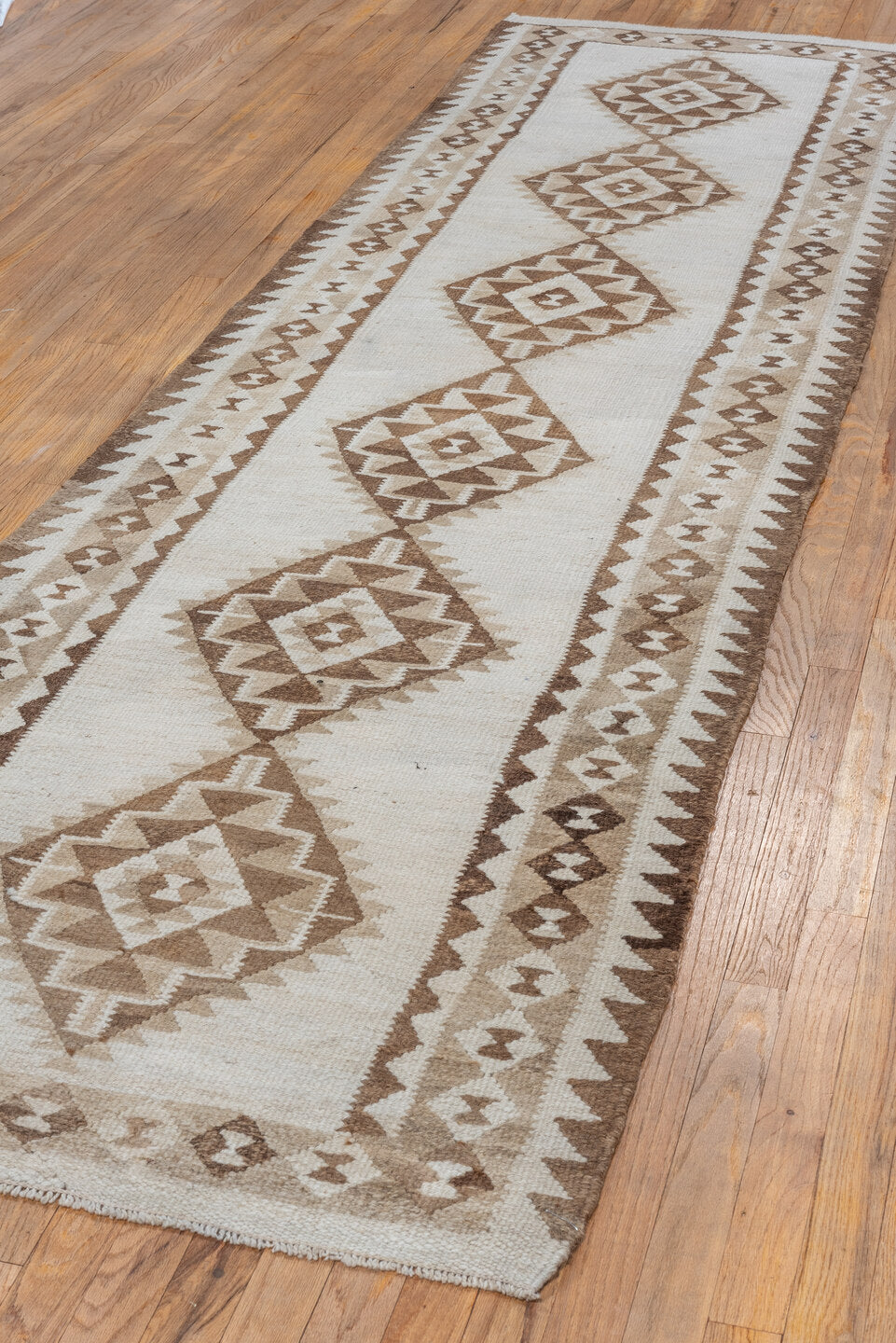 3' x 11' one-of-a-kind handmade vintage Kilim runner rug. Color palette: brown, gainsboro, gray, light gray, off-white