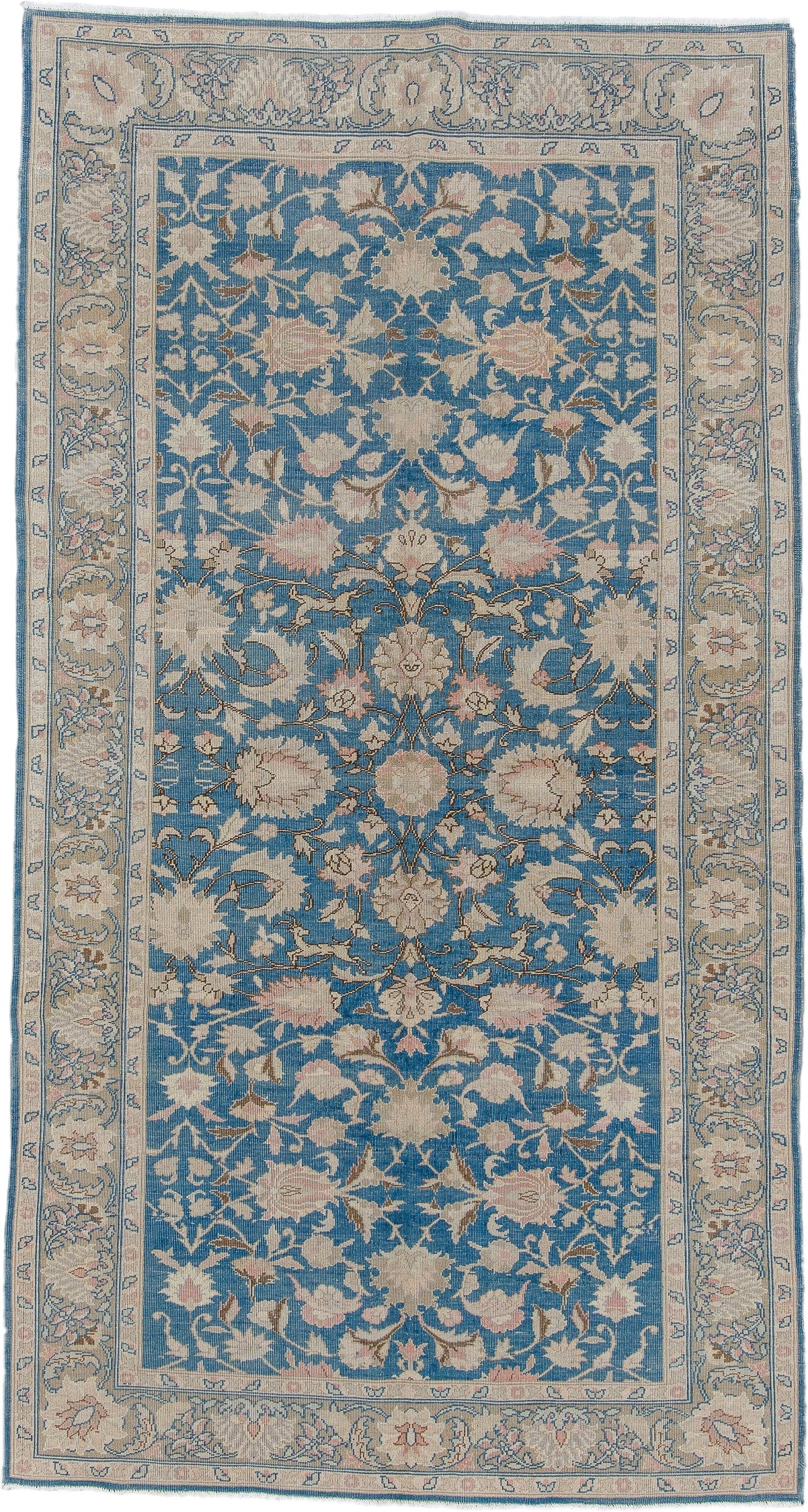 5' x 9' one-of-a-kind handmade antique Sivas medium size rug. Color palette: blue, ivory, blush, beige, taupe, pink, gray