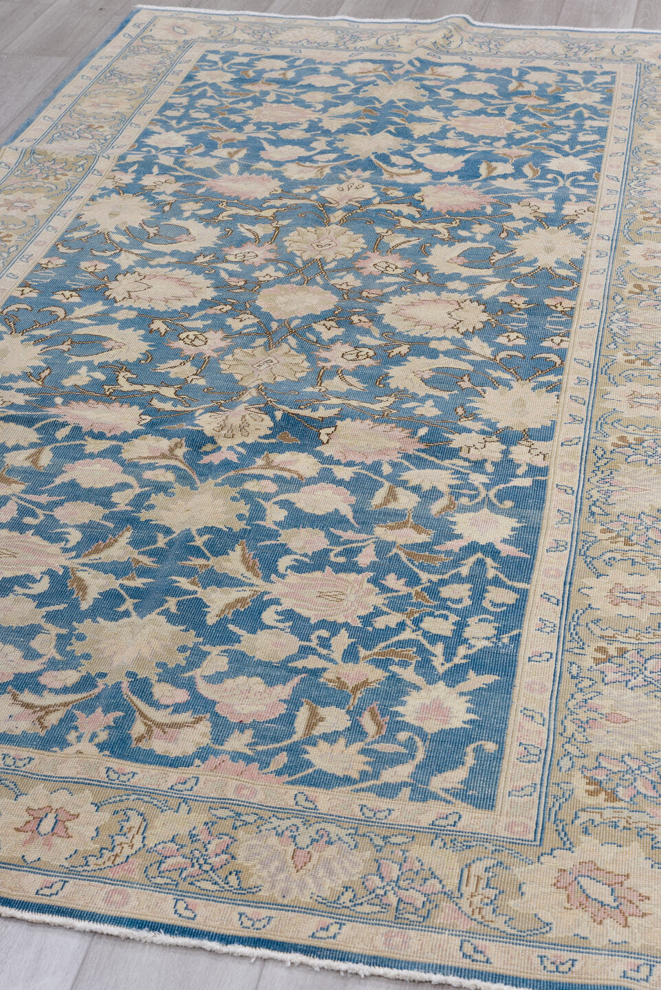 5' x 9' one-of-a-kind handmade antique Sivas medium size rug. Color palette: blue, ivory, blush, beige, taupe, pink, gray