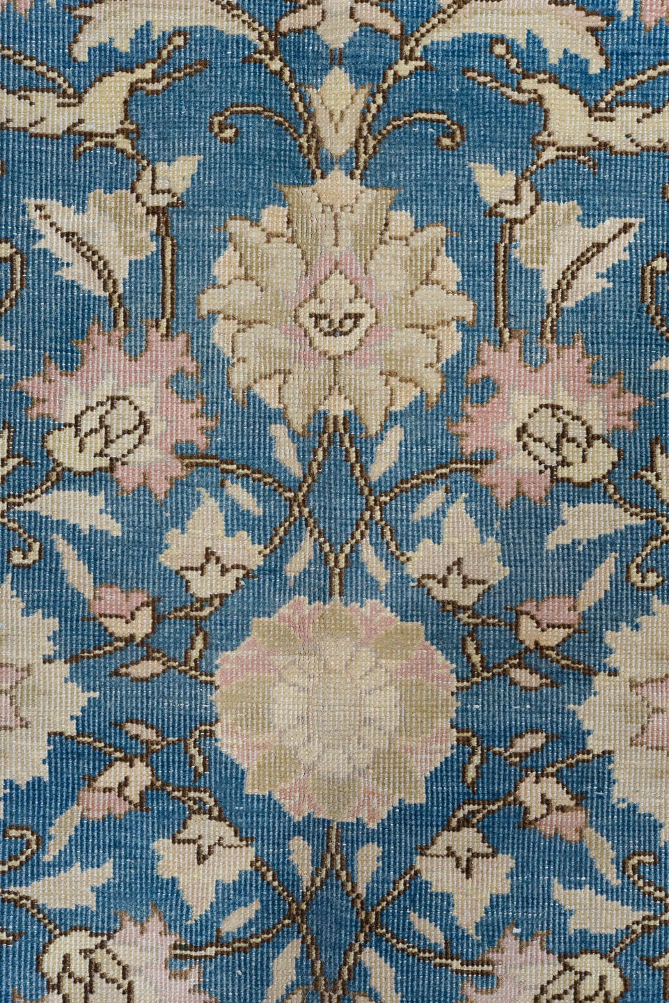 5' x 9' one-of-a-kind handmade antique Sivas medium size rug. Color palette: blue, ivory, blush, beige, taupe, pink, gray