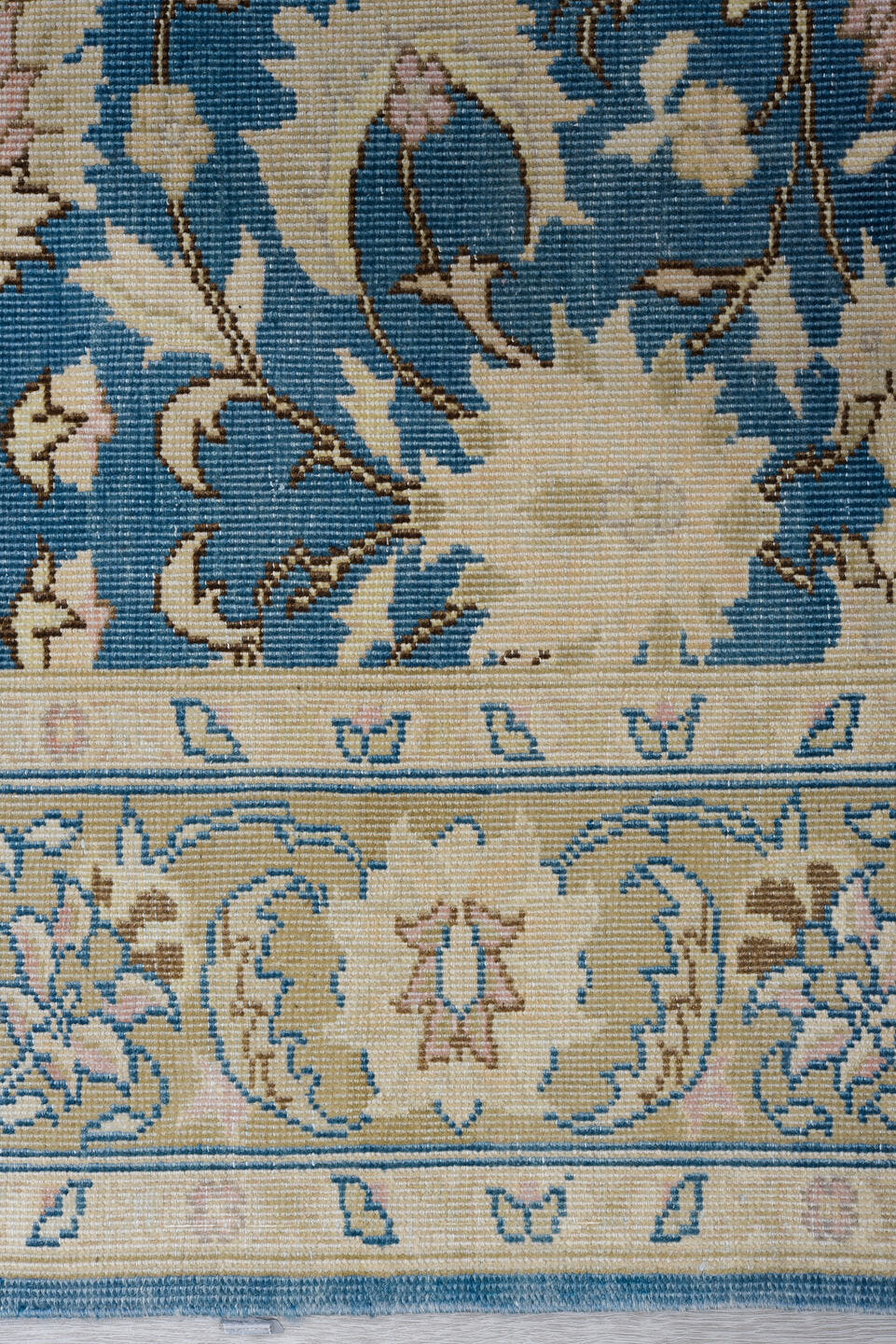 5' x 9' one-of-a-kind handmade antique Sivas medium size rug. Color palette: blue, ivory, blush, beige, taupe, pink, gray