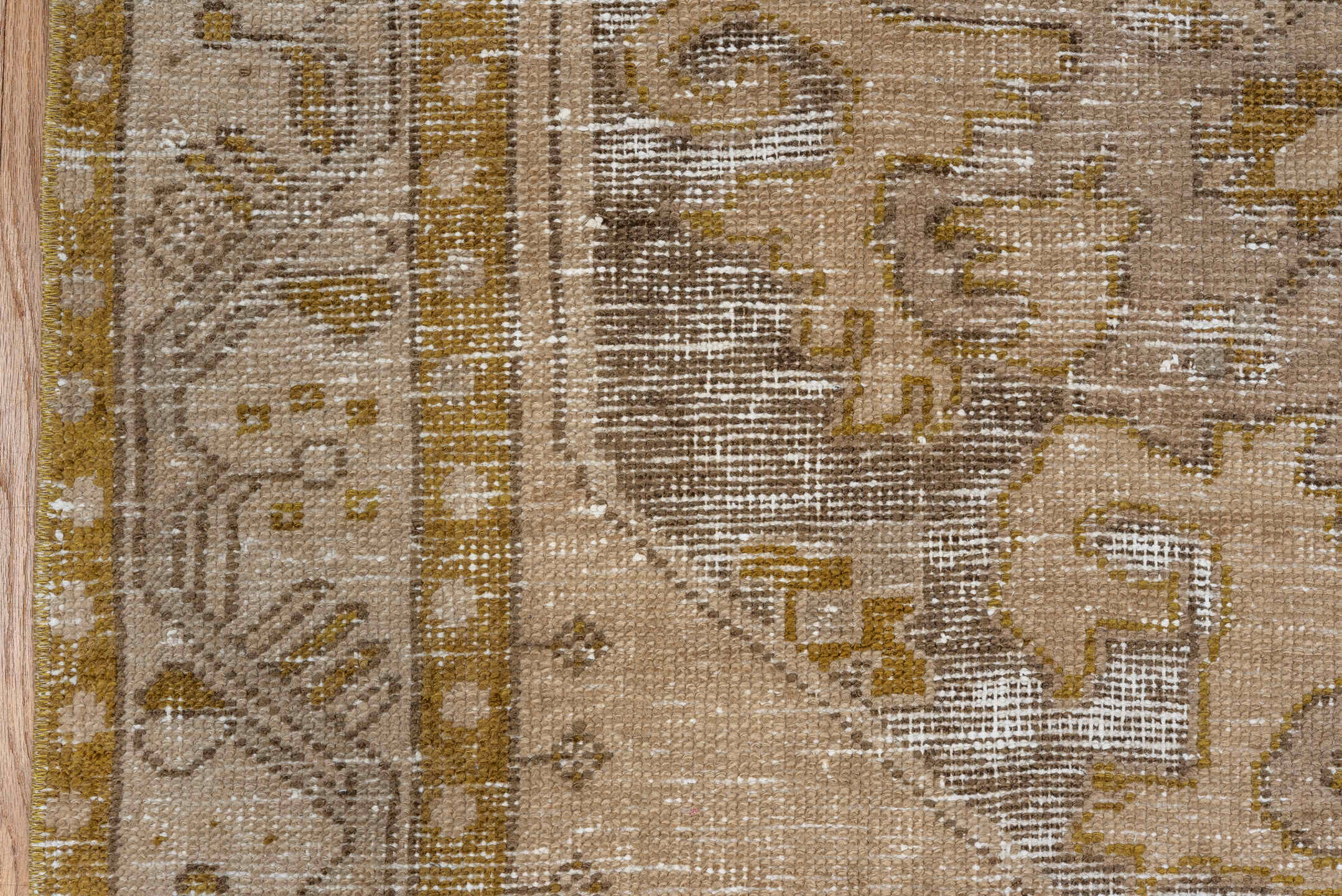 4' x 7' one-of-a-kind handmade vintage Oushak rug. Color palette: beige, taupe, gold, ivory, camel, brown, gray