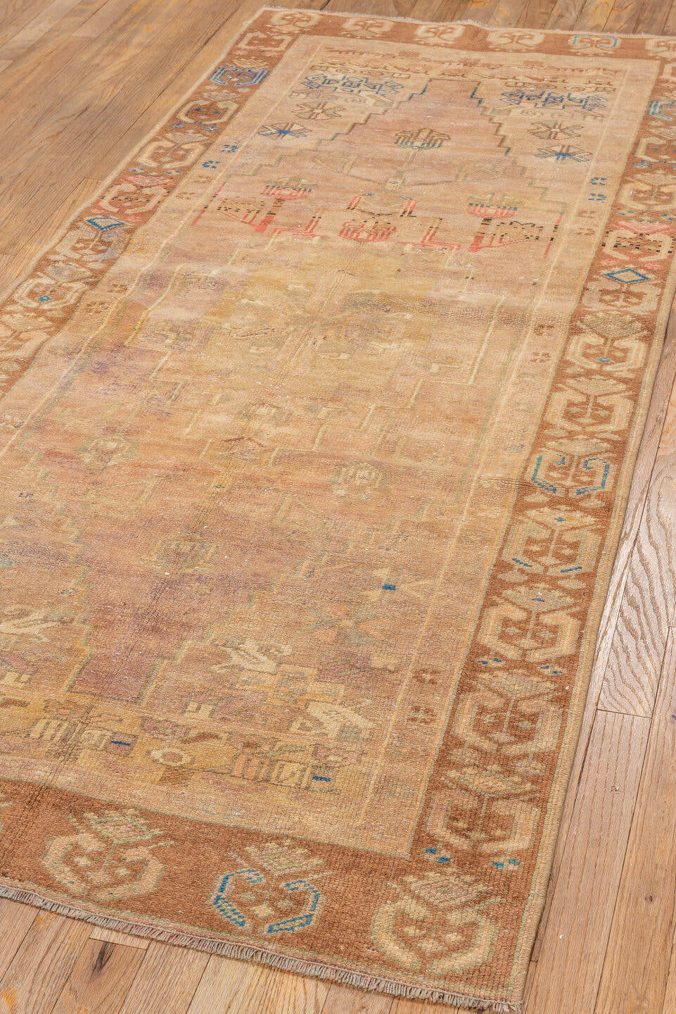 3' x 7' one-of-a-kind handmade vintage Oushak runner rug. Color palette: beige, camel, taupe, ivory, faded blue, rose, tan