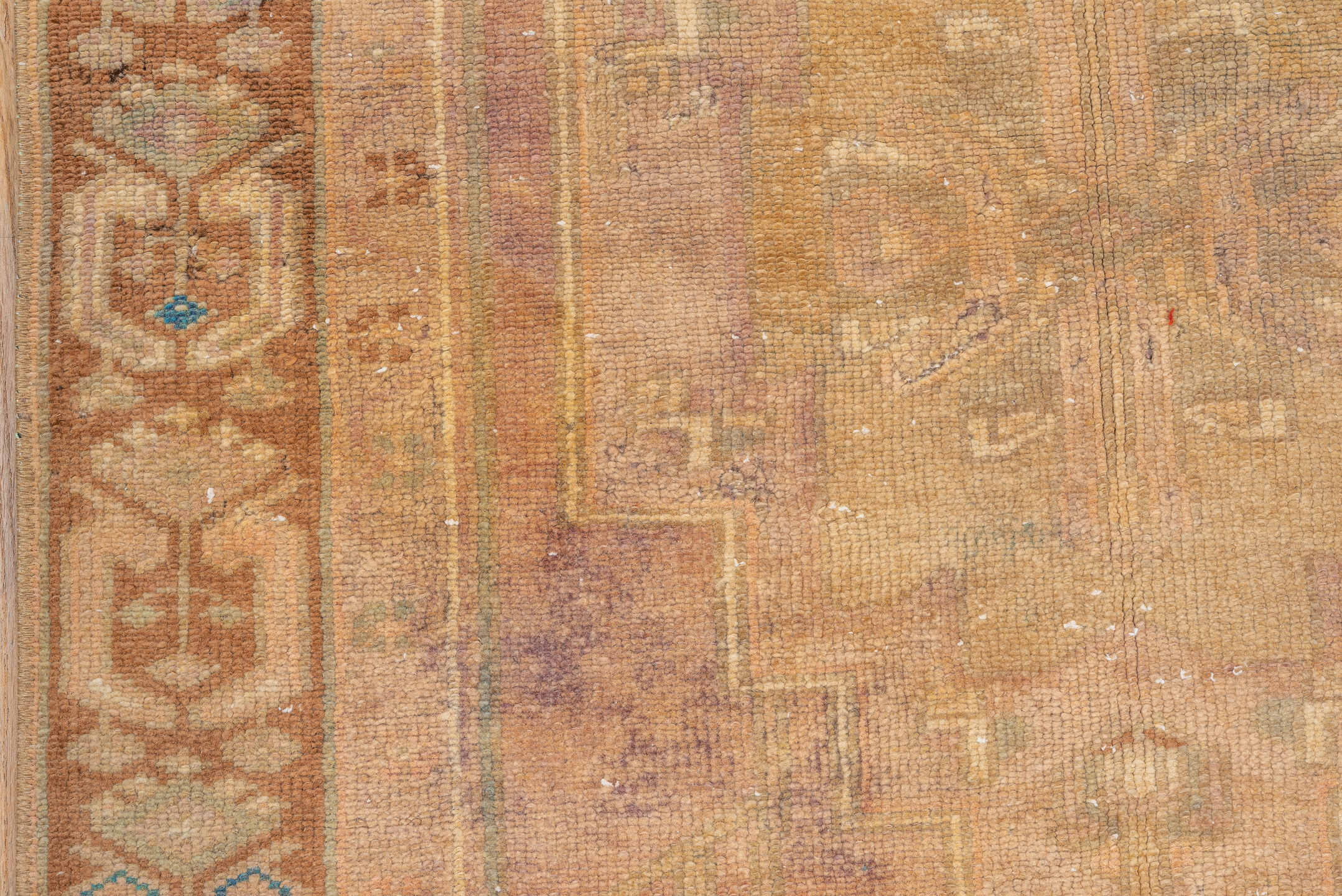 3' x 7' one-of-a-kind handmade vintage Oushak runner rug. Color palette: beige, camel, taupe, ivory, faded blue, rose, tan