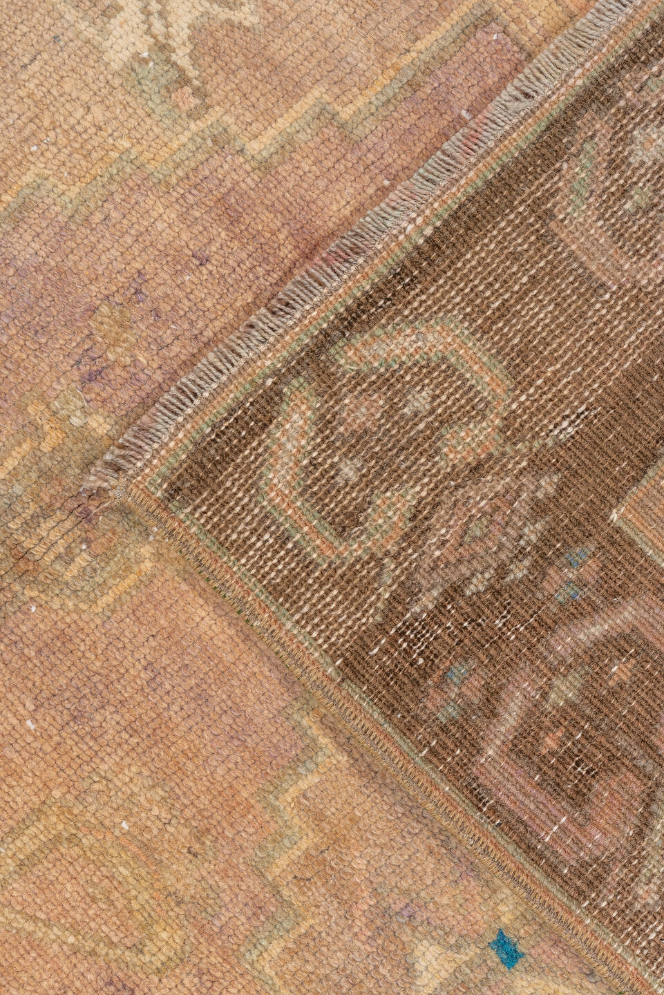 3' x 7' one-of-a-kind handmade vintage Oushak runner rug. Color palette: beige, camel, taupe, ivory, faded blue, rose, tan