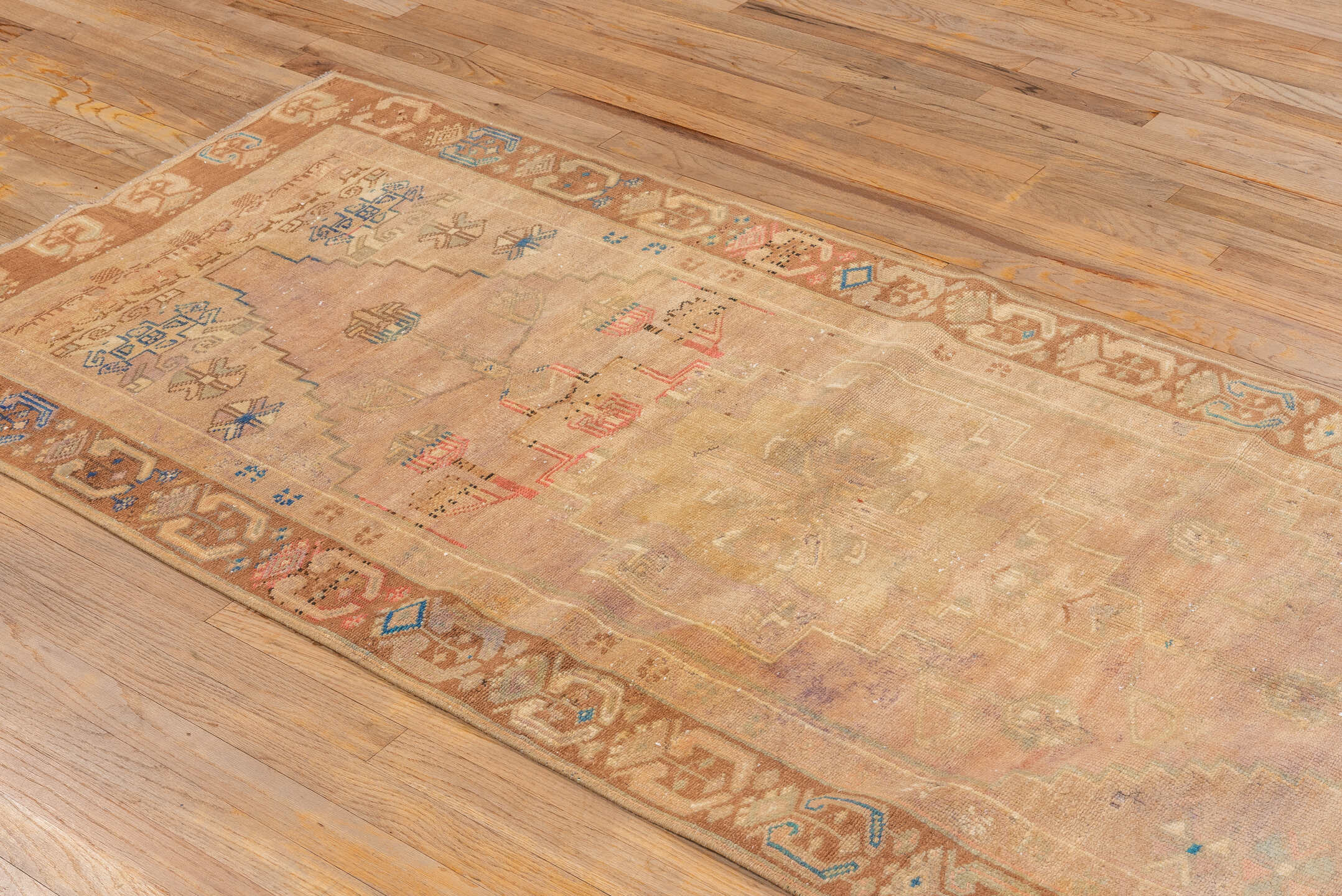 3' x 7' one-of-a-kind handmade vintage Oushak runner rug. Color palette: beige, camel, taupe, ivory, faded blue, rose, tan