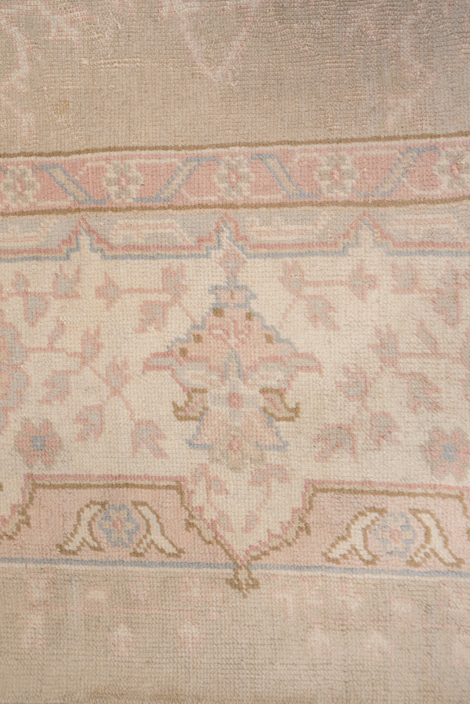 11' x 14' one-of-a-kind handmade antique Oushak oversize rug. Color palette: taupe, ivory, blush, pale blue, beige, sand