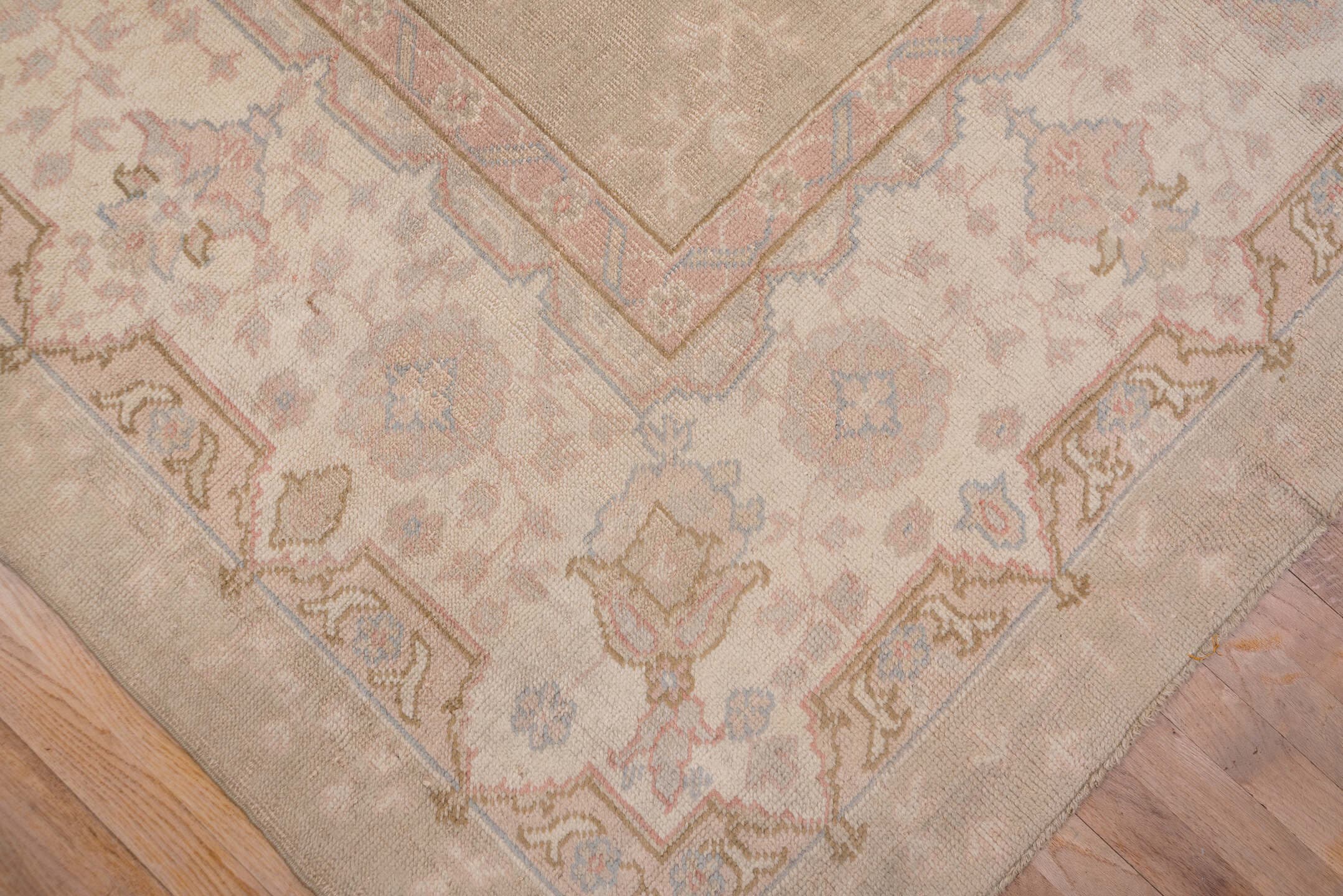 11' x 14' one-of-a-kind handmade antique Oushak oversize rug. Color palette: taupe, ivory, blush, pale blue, beige, sand