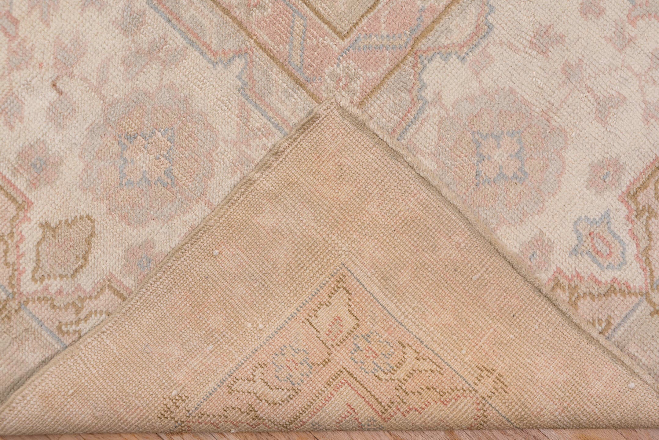 11' x 14' one-of-a-kind handmade antique Oushak oversize rug. Color palette: taupe, ivory, blush, pale blue, beige, sand