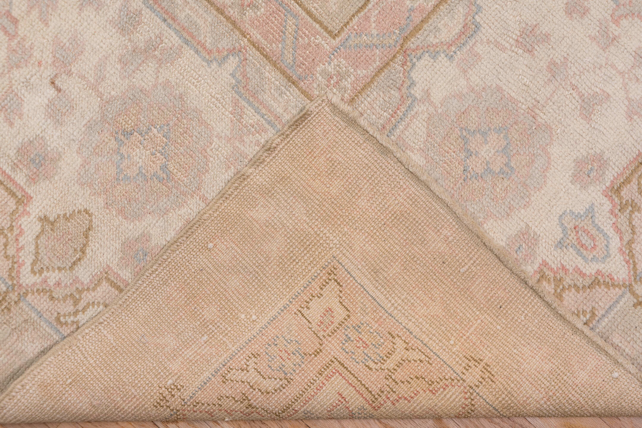 11' x 14' one-of-a-kind handmade antique Oushak oversize rug. Color palette: taupe, ivory, blush, pale blue, beige, sand