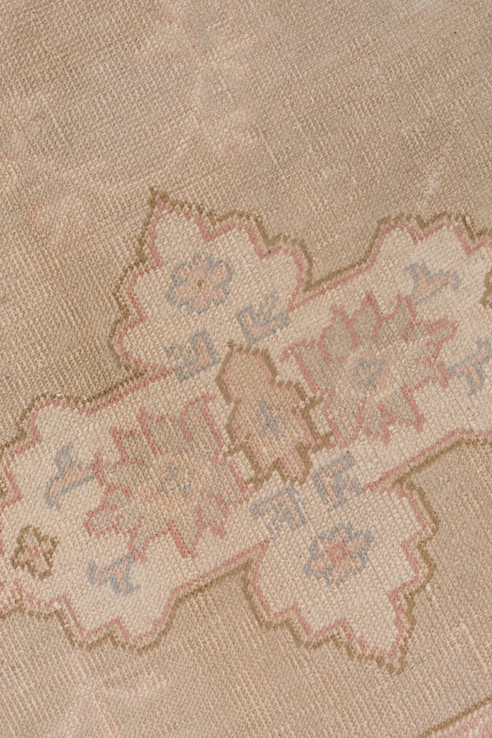 11' x 14' one-of-a-kind handmade antique Oushak oversize rug. Color palette: taupe, ivory, blush, pale blue, beige, sand