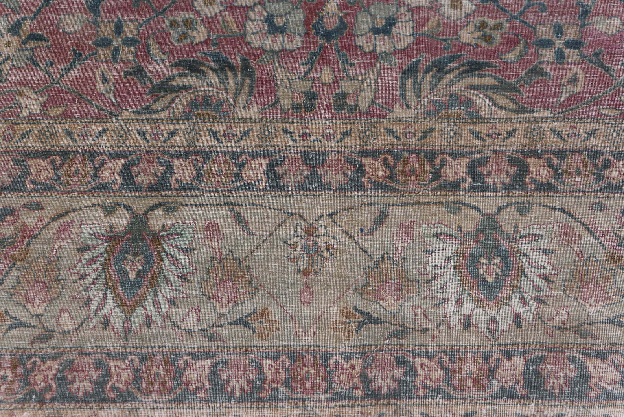 6' x 11' one-of-a-kind handmade antique Tehran large size rug. Color palette: rose, ivory, slate, dusty blue, taupe