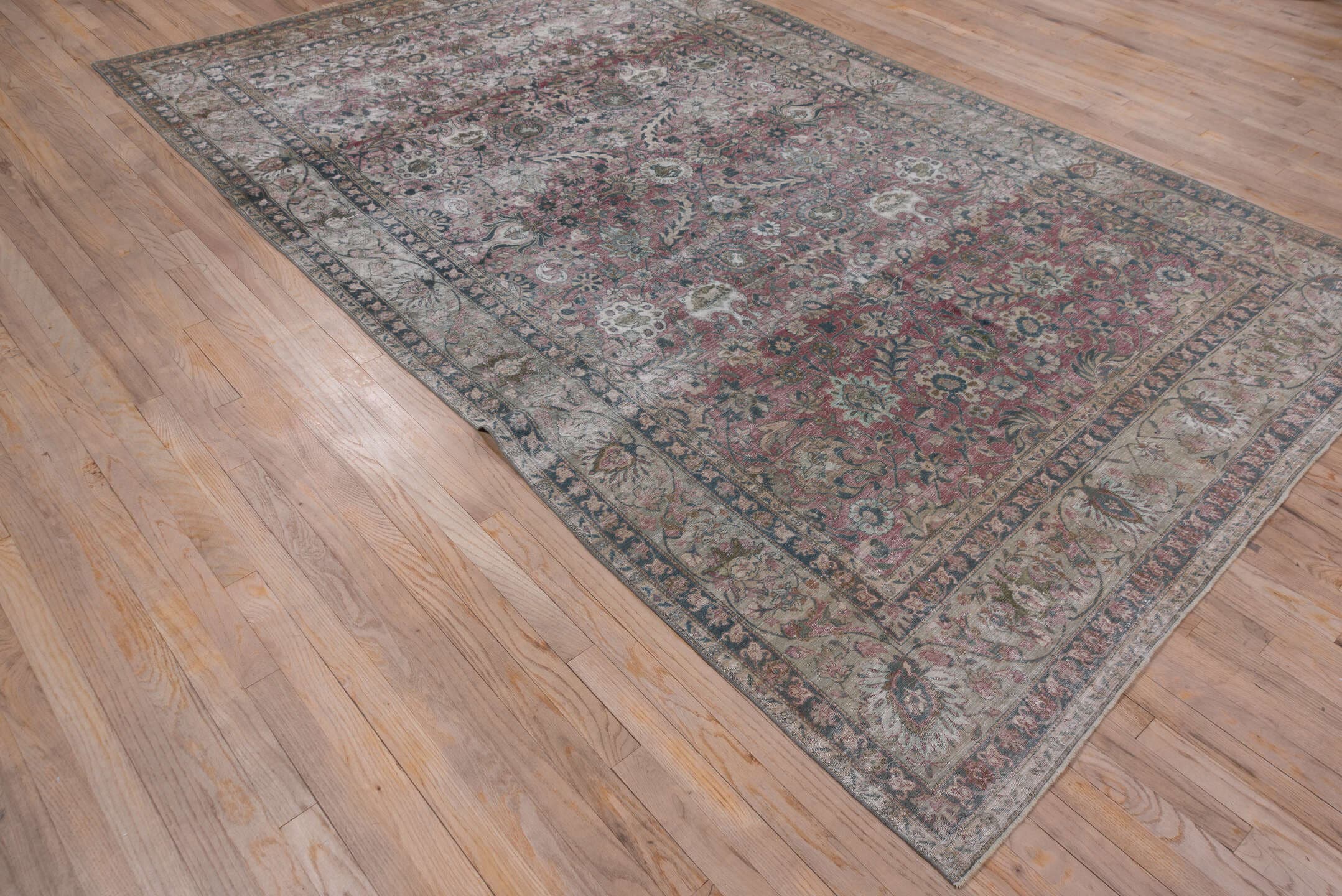 6' x 11' one-of-a-kind handmade antique Tehran large size rug. Color palette: rose, ivory, slate, dusty blue, taupe