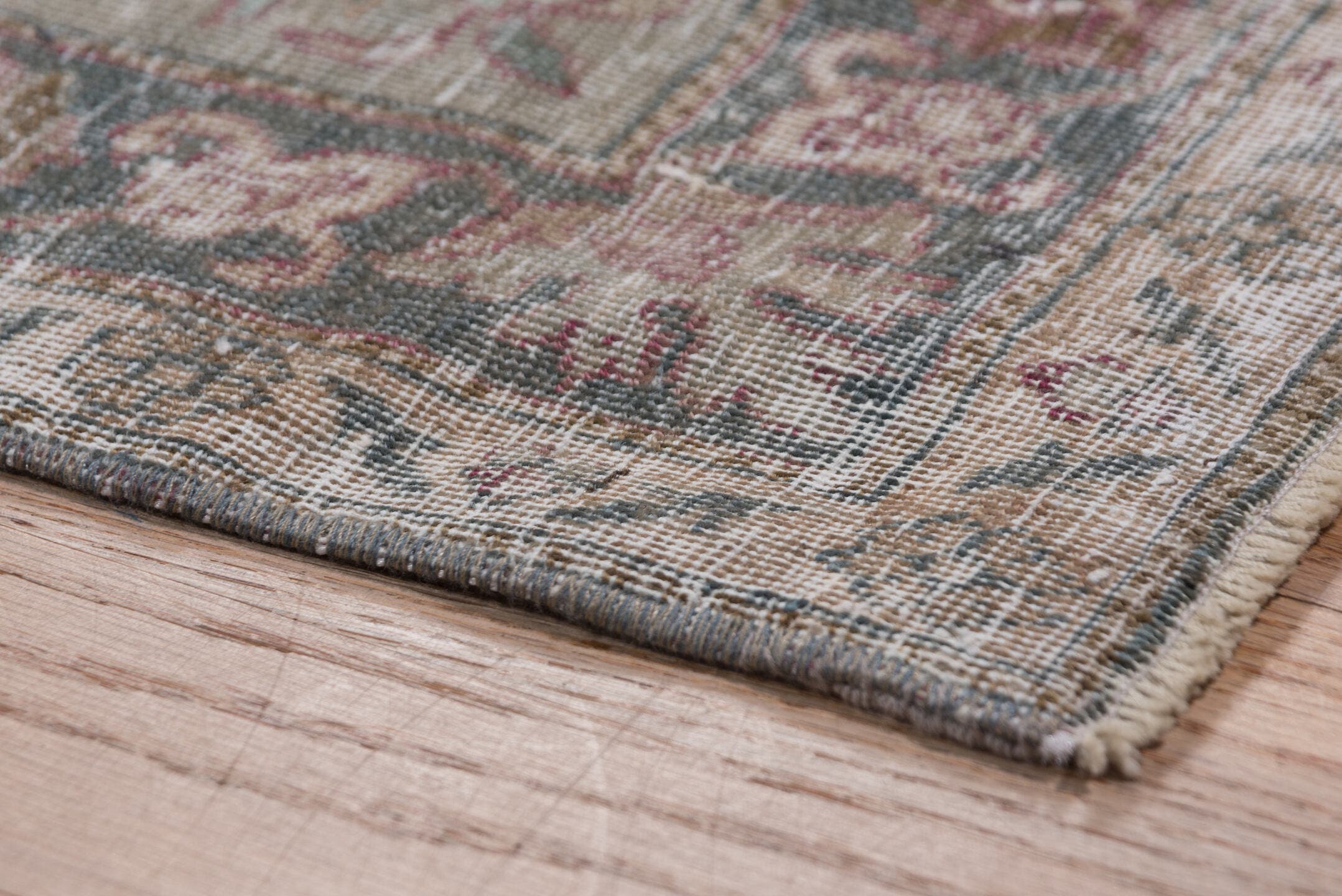 6' x 11' one-of-a-kind handmade antique Tehran large size rug. Color palette: rose, ivory, slate, dusty blue, taupe