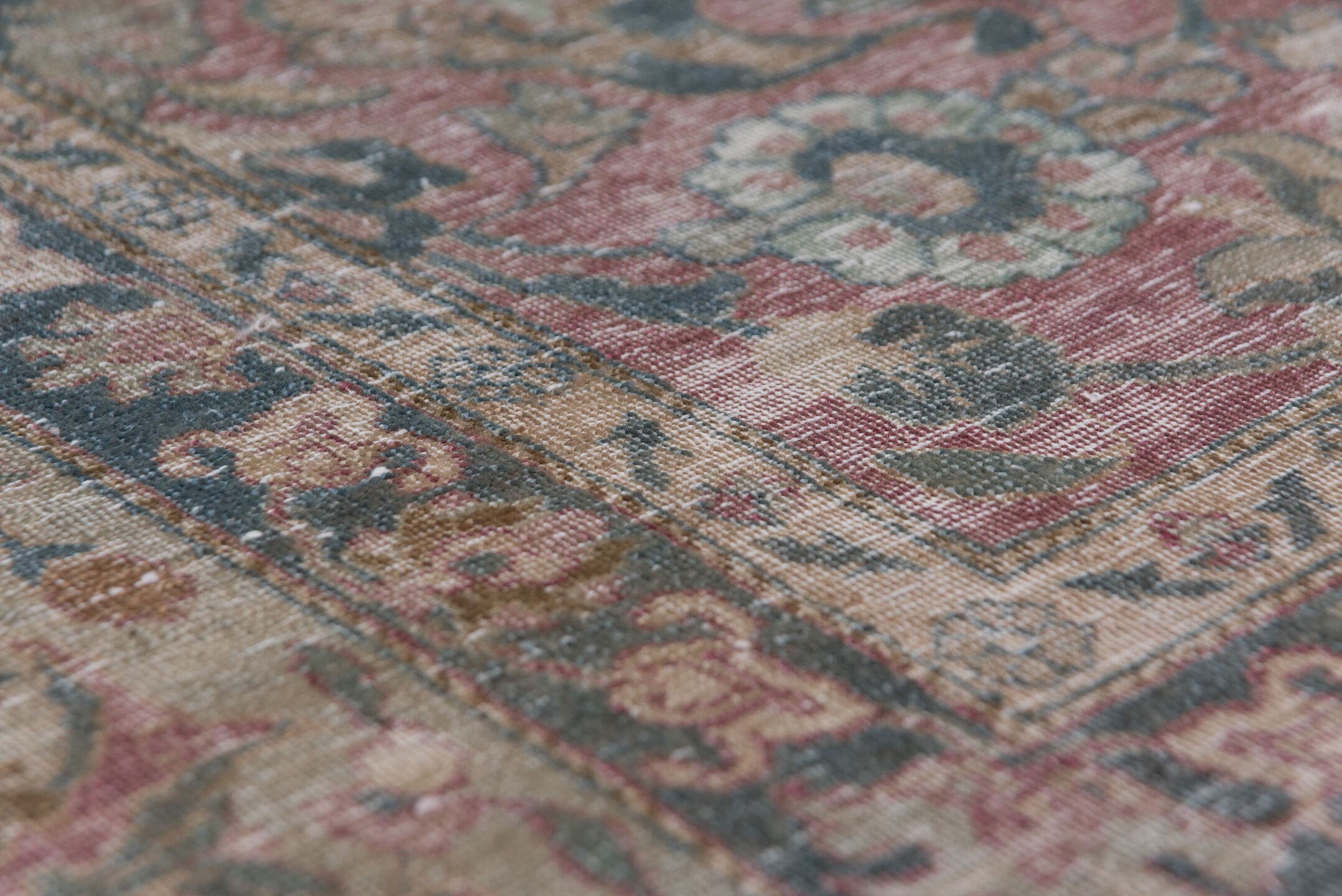 6' x 11' one-of-a-kind handmade antique Tehran large size rug. Color palette: rose, ivory, slate, dusty blue, taupe
