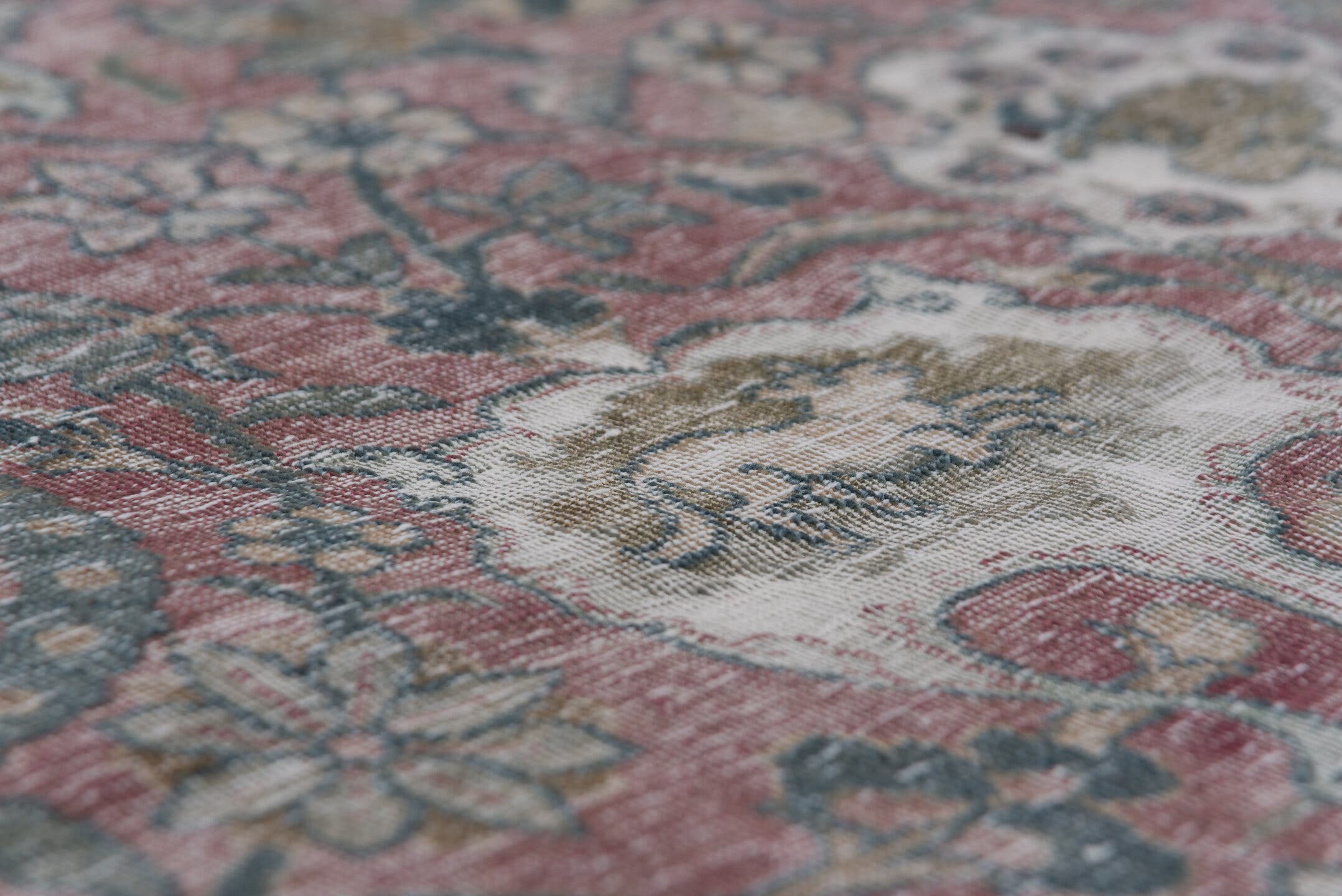 6' x 11' one-of-a-kind handmade antique Tehran large size rug. Color palette: rose, ivory, slate, dusty blue, taupe