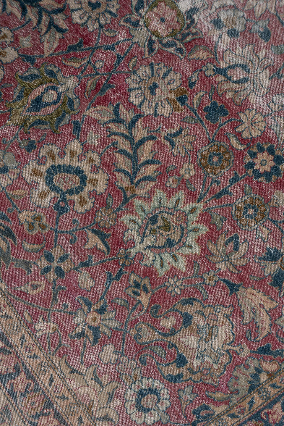 6' x 11' one-of-a-kind handmade antique Tehran large size rug. Color palette: rose, ivory, slate, dusty blue, taupe