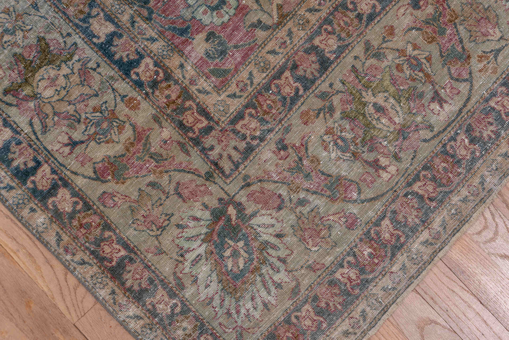 6' x 11' one-of-a-kind handmade antique Tehran large size rug. Color palette: rose, ivory, slate, dusty blue, taupe