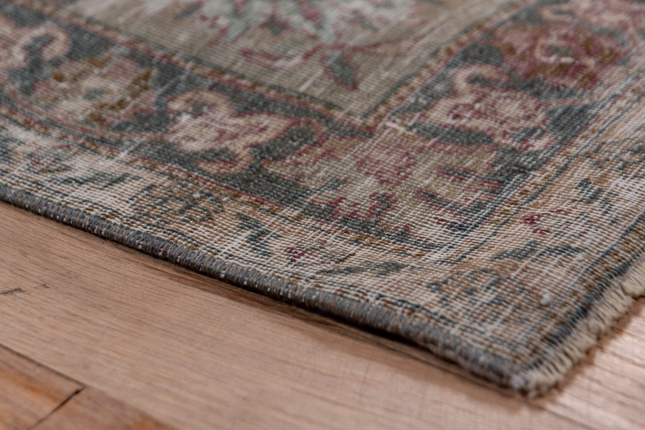 6' x 11' one-of-a-kind handmade antique Tehran large size rug. Color palette: rose, ivory, slate, dusty blue, taupe