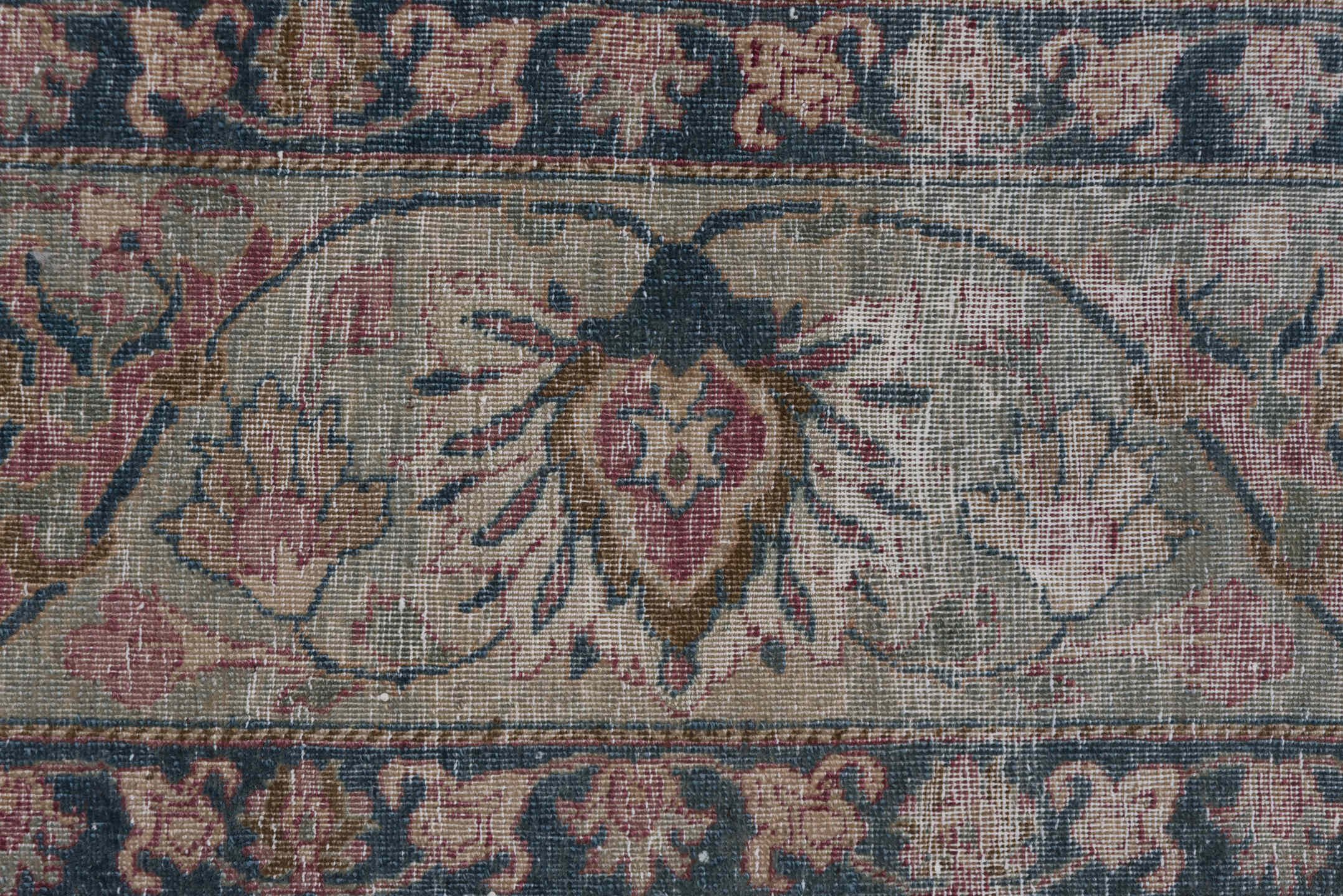 6' x 11' one-of-a-kind handmade antique Tehran large size rug. Color palette: rose, ivory, slate, dusty blue, taupe