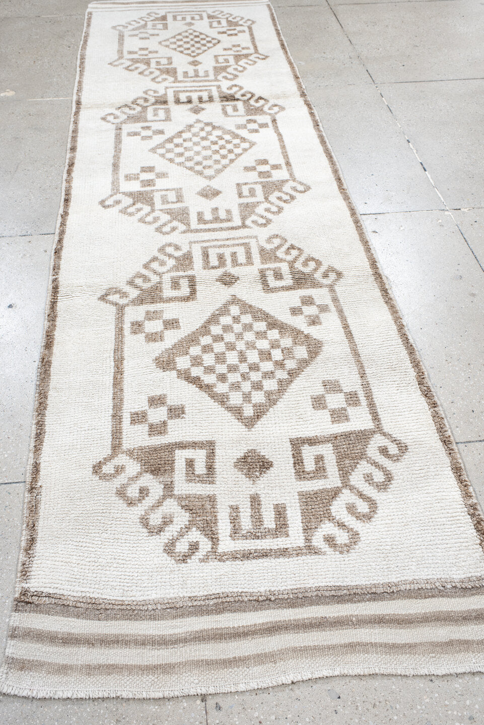 3' x 11' one-of-a-kind handmade vintage Kars runner rug. Color palette: brown, gainsboro, gray, light gray, off-white, pink