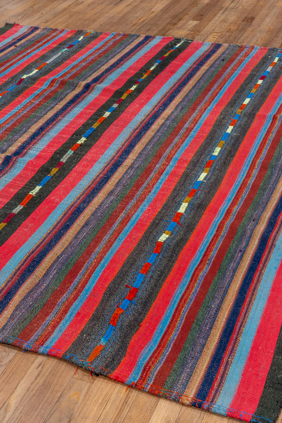 6' x 8' one-of-a-kind handmade vintage Kilim medium size rug. Color palette: blue, brown, gray, off-white, pink, red, snow