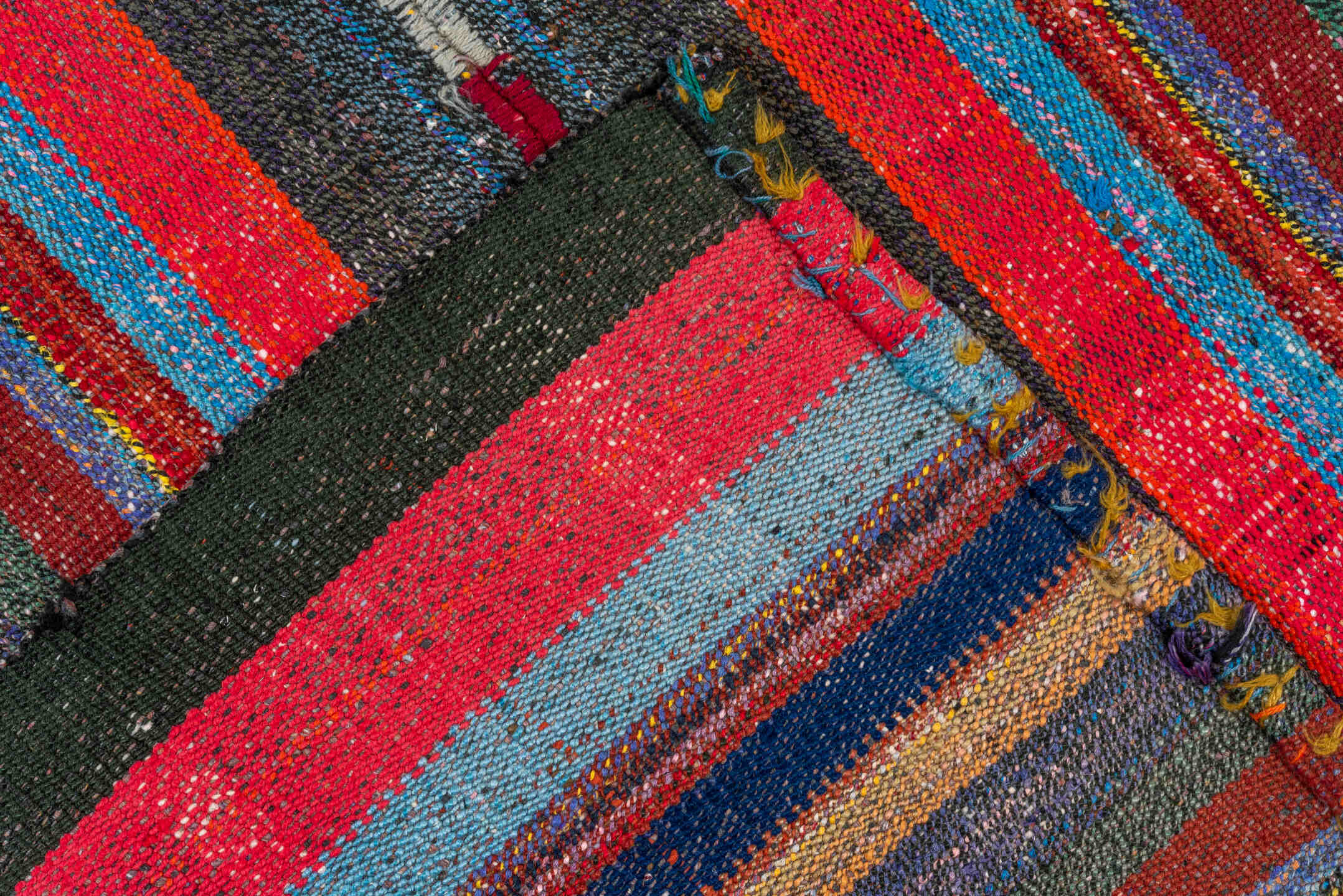 6' x 8' one-of-a-kind handmade vintage Kilim medium size rug. Color palette: blue, brown, gray, off-white, pink, red, snow