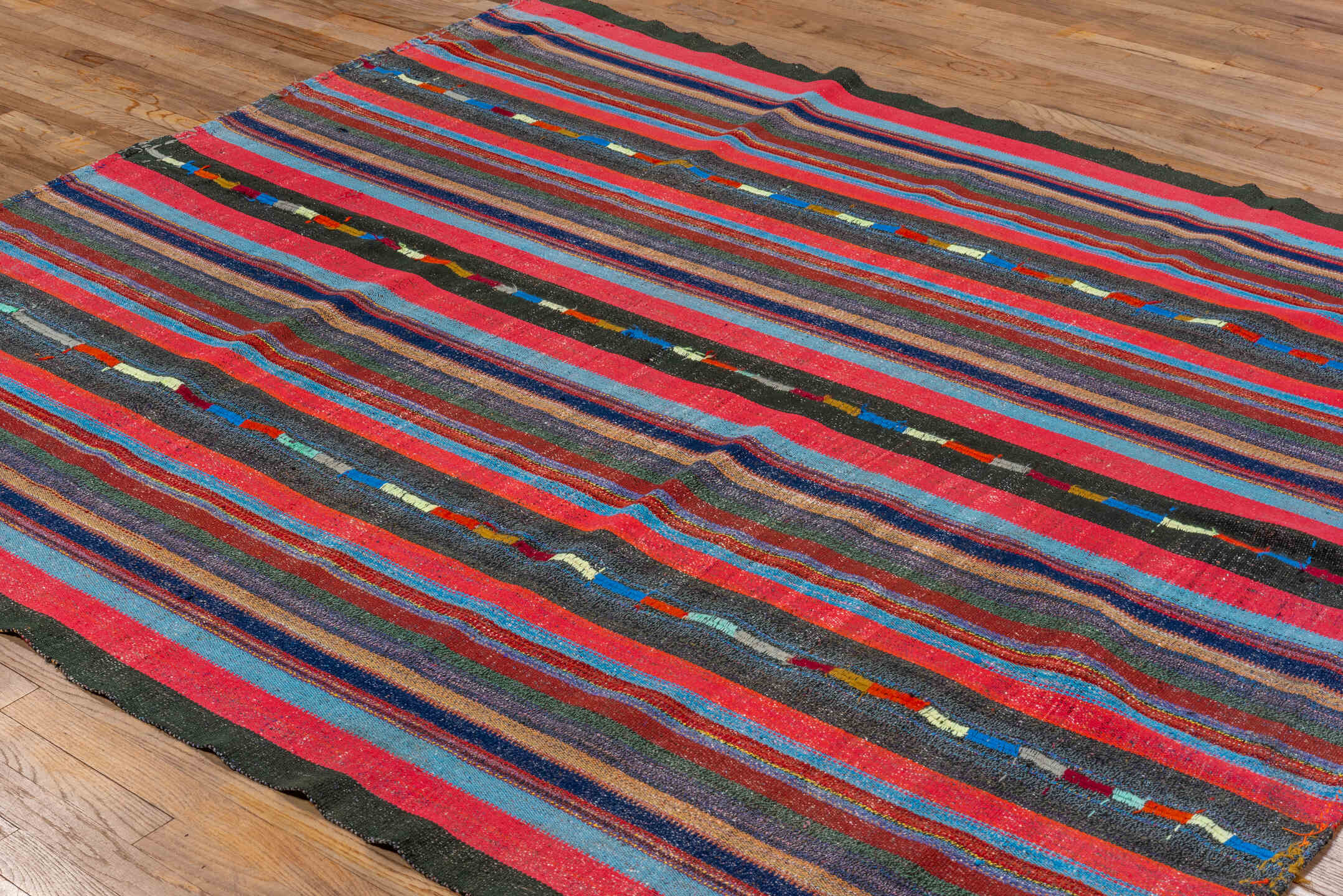 6' x 8' one-of-a-kind handmade vintage Kilim medium size rug. Color palette: blue, brown, gray, off-white, pink, red, snow