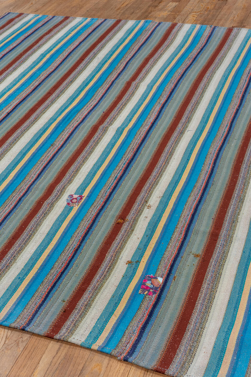 6' x 7' one-of-a-kind handmade vintage Flatweave rug. Color palette: turquoise, ivory, sky blue, rust, gray, navy, teal
