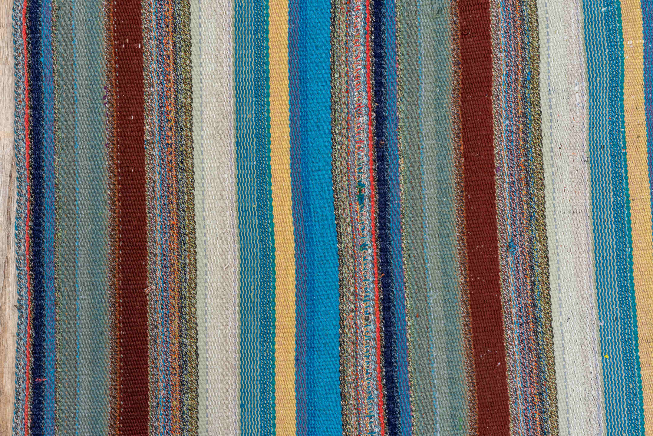 6' x 7' one-of-a-kind handmade vintage Flatweave rug. Color palette: turquoise, ivory, sky blue, rust, gray, navy, teal