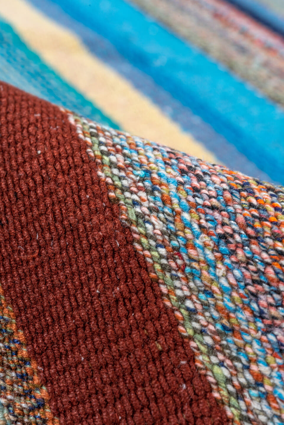 6' x 7' one-of-a-kind handmade vintage Flatweave rug. Color palette: turquoise, ivory, sky blue, rust, gray, navy, teal