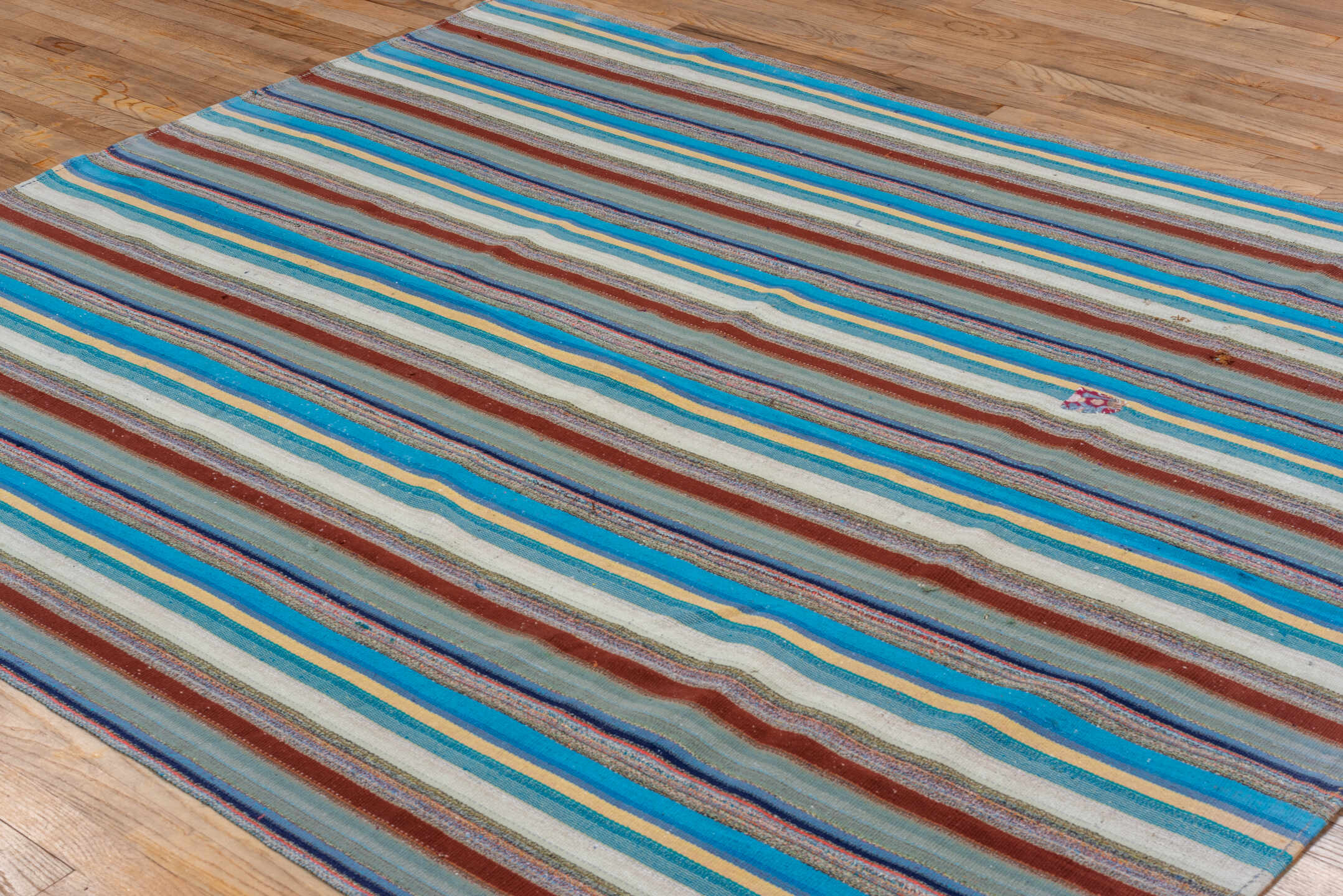 6' x 7' one-of-a-kind handmade vintage Flatweave rug. Color palette: turquoise, ivory, sky blue, rust, gray, navy, teal